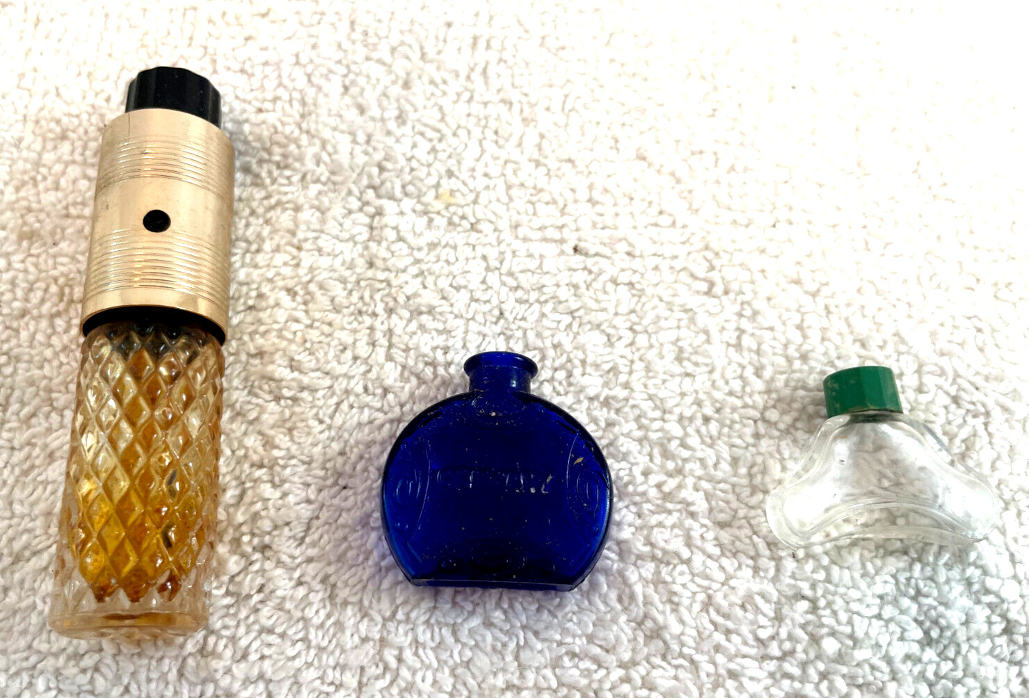 3 VTG German & English Glass Perfume Bottles Cobalt Blue & Locking Atomizer