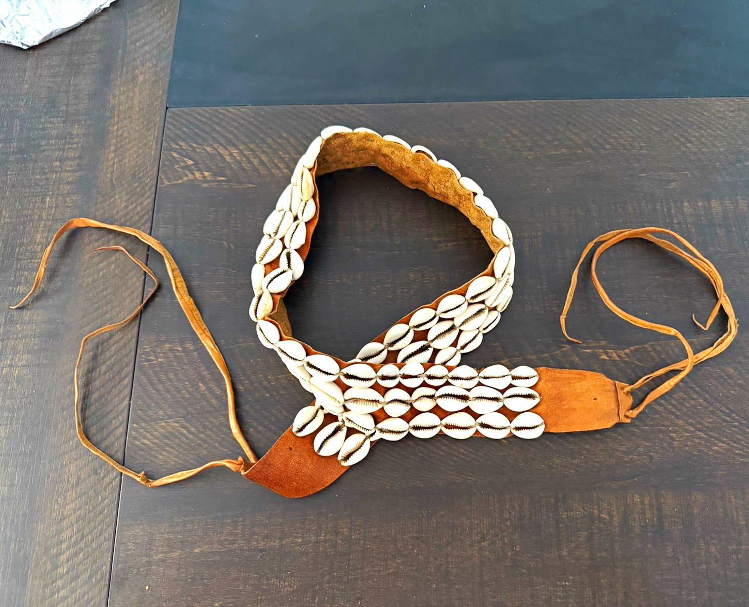 Made in Ghana Cowrie Shell Brown Leather Tie Belt Handmade African - Original