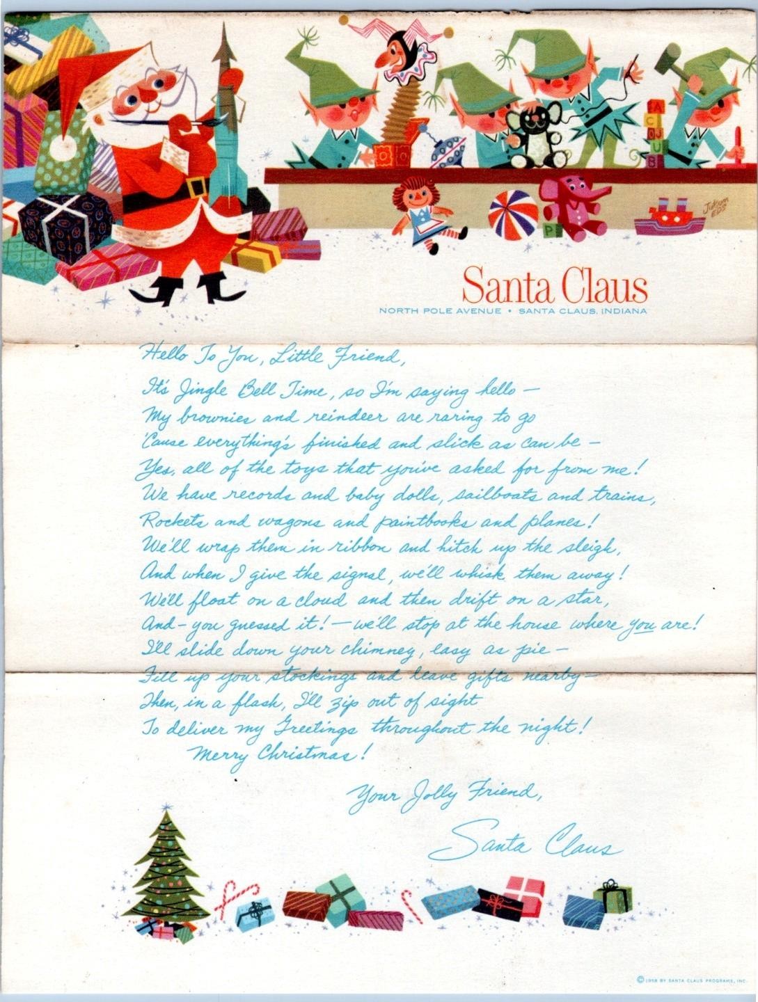1958 LETTER FROM SANTA CLAUS NORTH POLE AVENUE WORKSHOP ELVES ROCKET MCM NOS