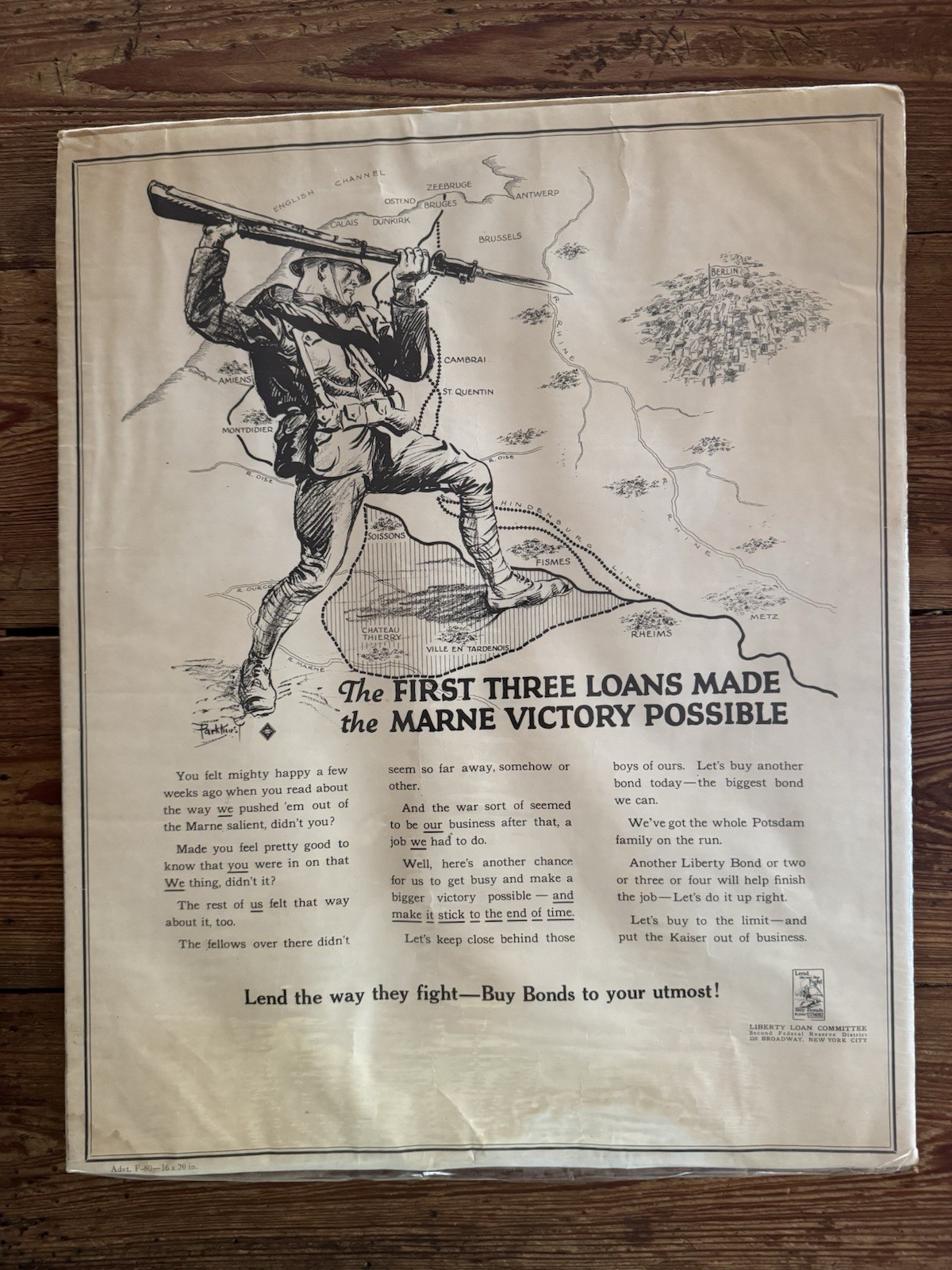 Original 1918 WWI Poster -THE FIRST THREE LOANS MADE THE MARNE VICTORY POSSIBLE