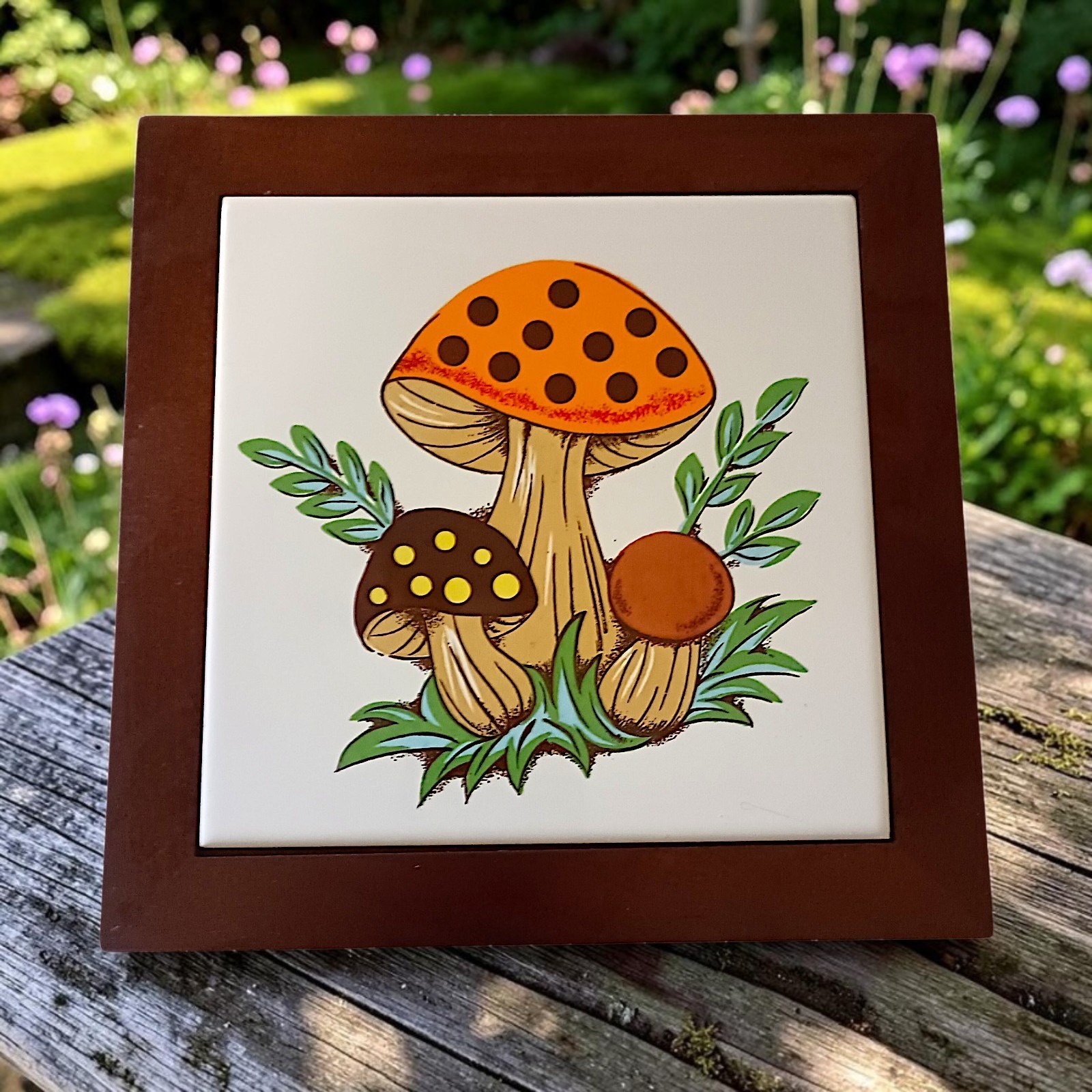 Vtg Merry Mushroom Ceramic Tile Wood Framed Trivet Wall Art Cottagecore 70s MCM