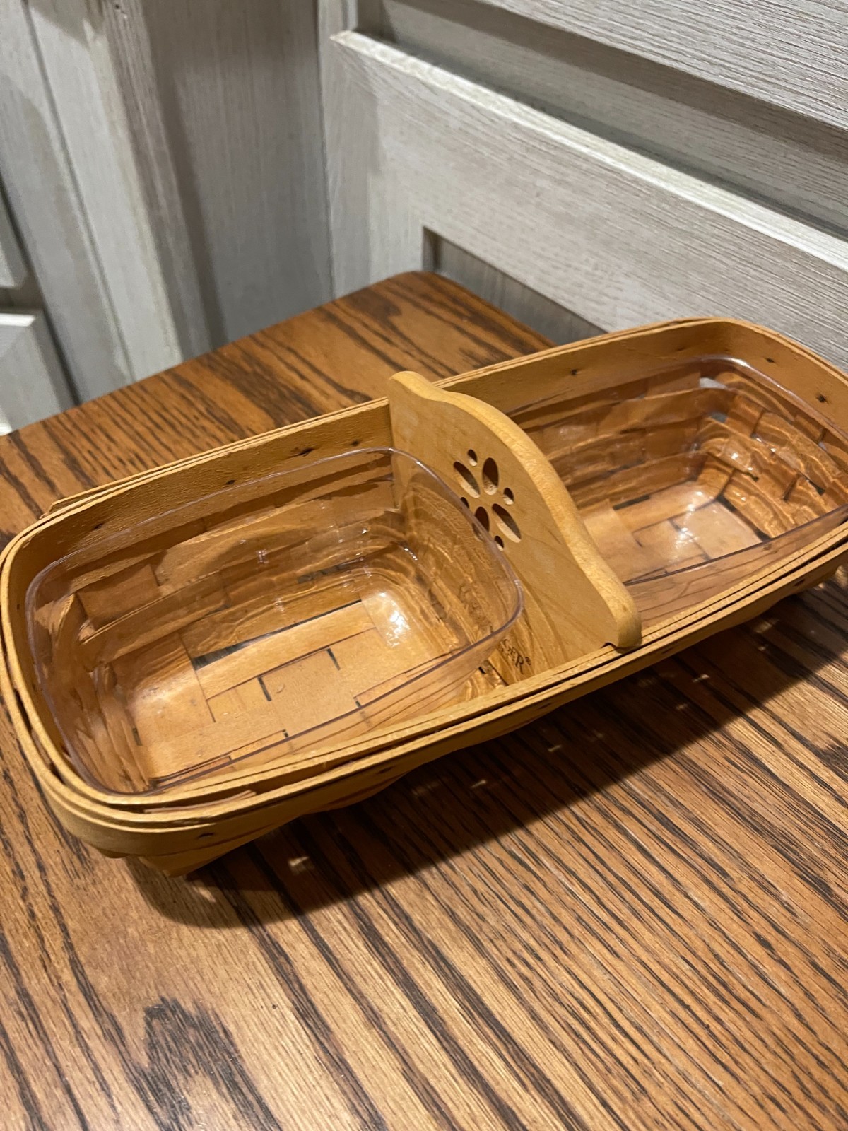 Vintage Longaberger Basket With Wood Divider, and Plastic Liners 1999