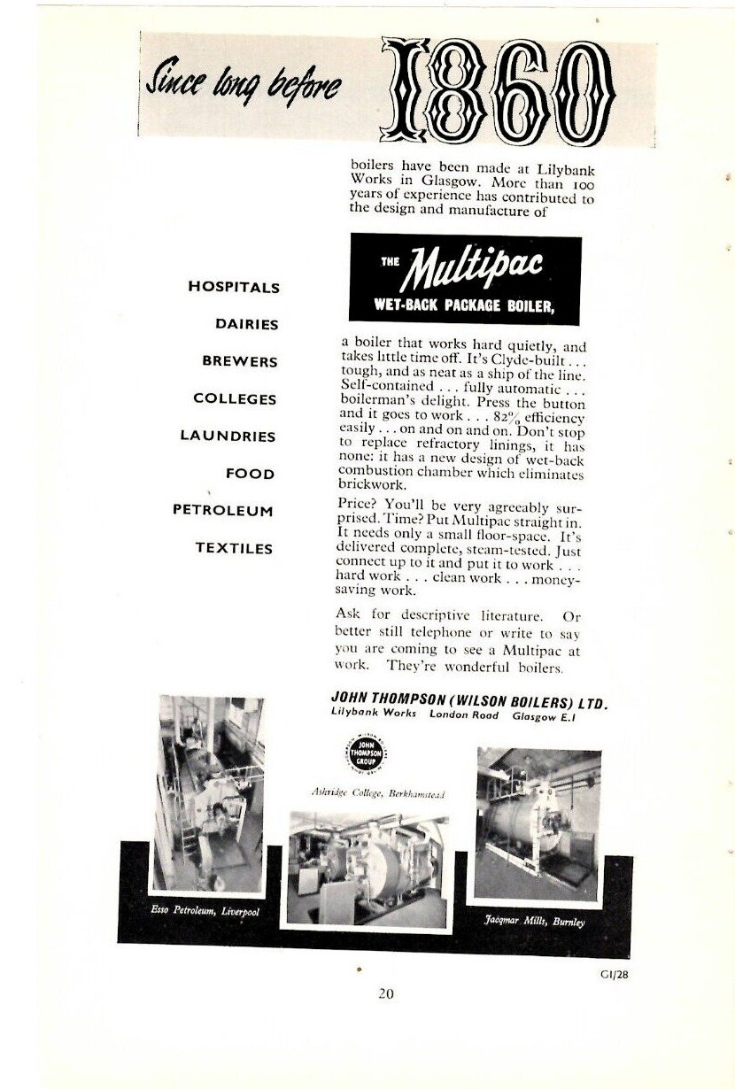 1960 Print Ad John Thompson (Wilson Boilers)LTD The Multipac Package Boiler