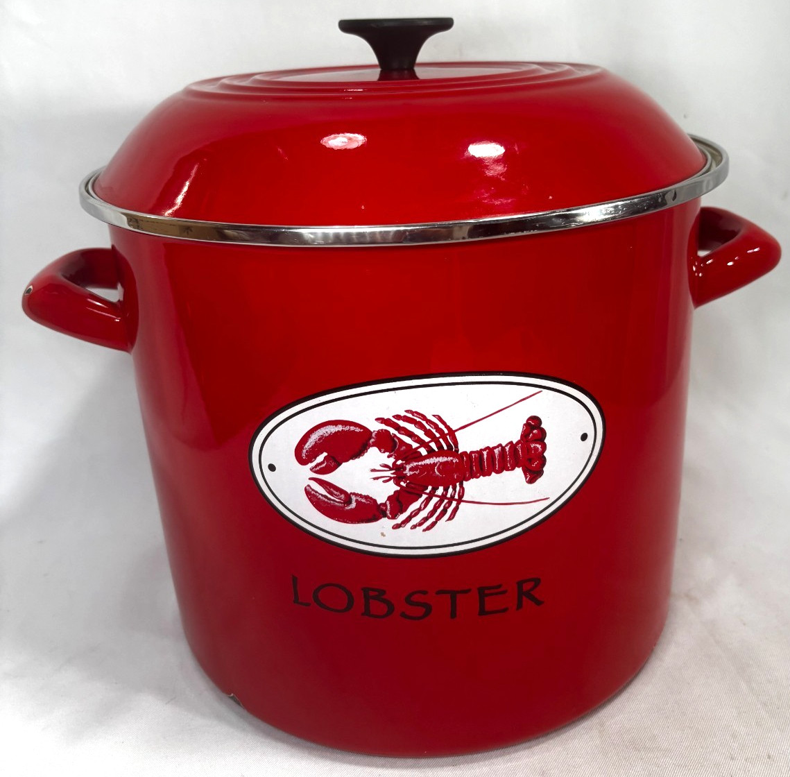 Vtg. Le Creuset Enameled-Steel Lobster STOCK POT Red 16 qt. Sea Food Boil Vtg. Le Creuset Enameled-Steel Lobster STOCK POT Red 16 qt. Sea Food Boil