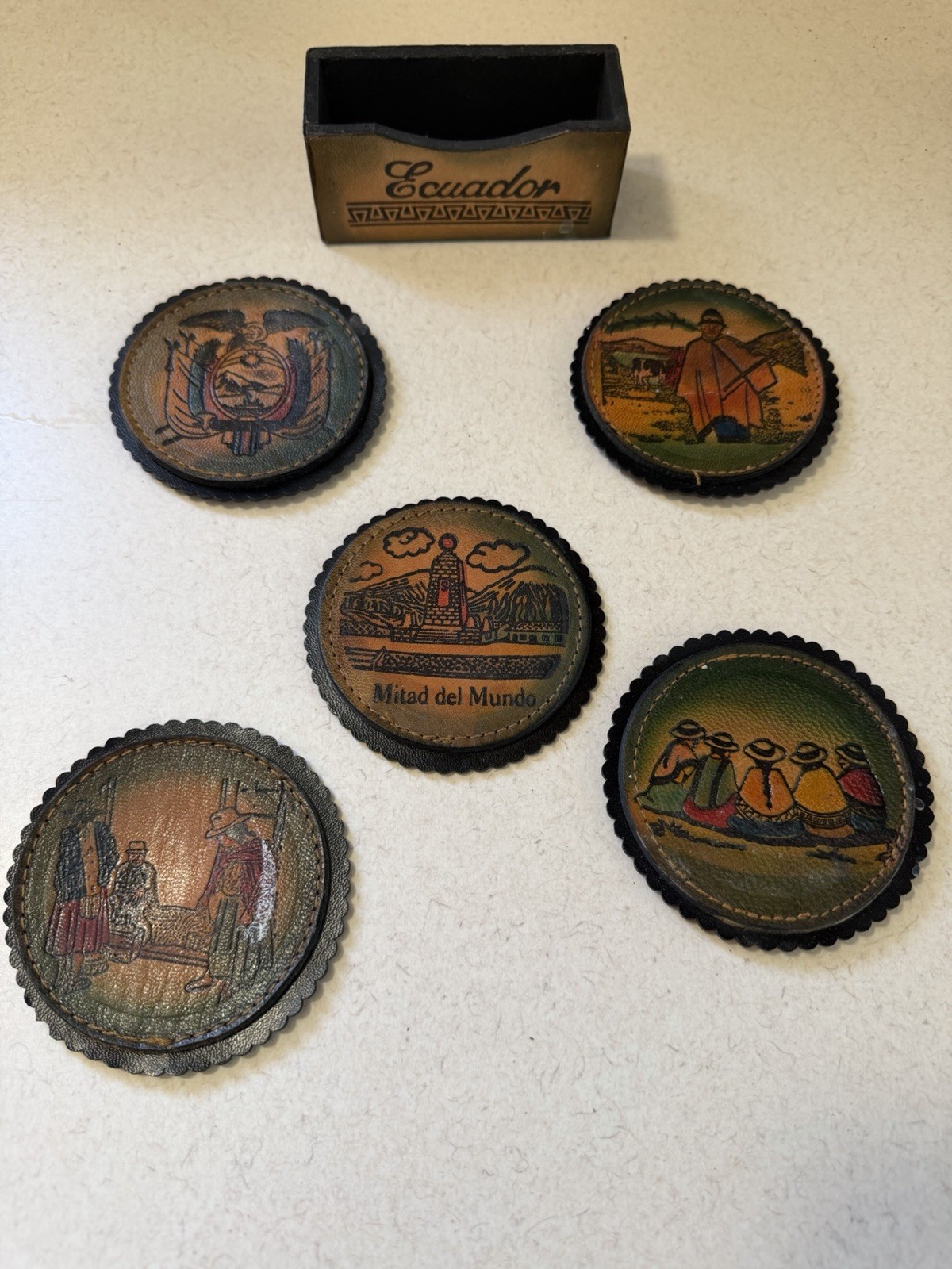 Vintage Hand Crafted Painted Leather Ecuador Coaster- 5 set