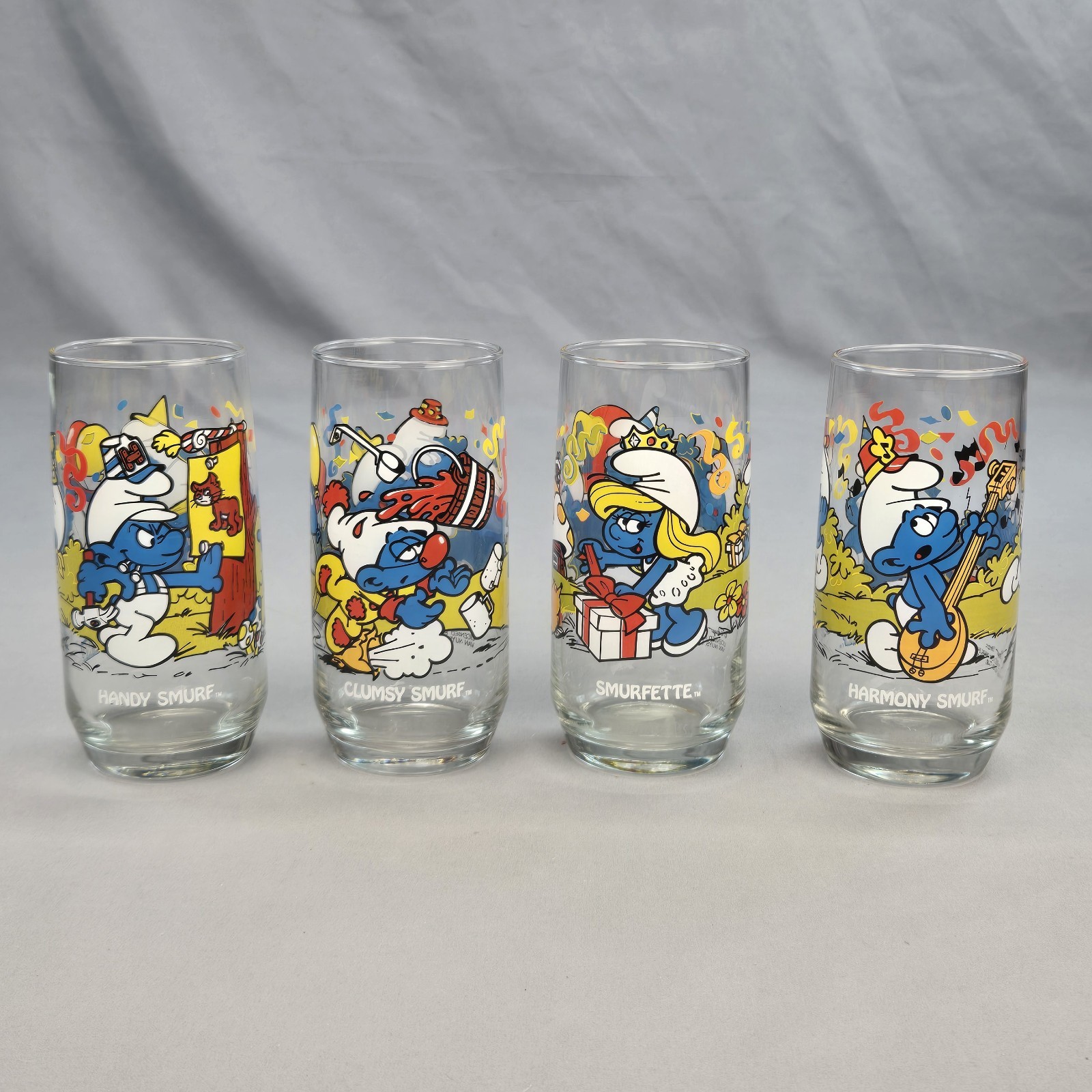 Vintage 1983 Peyo Smurf Drinking Glasses Set Of 4 Tumblers 14 Ounce