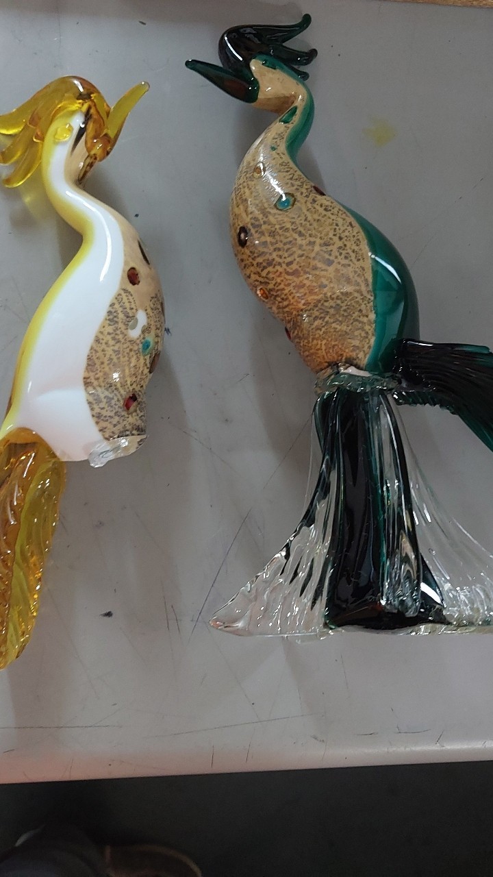 DEFECTIVE Vintage Murano Glass Bird of Paradise  Rare Pair In Yellow And G3D