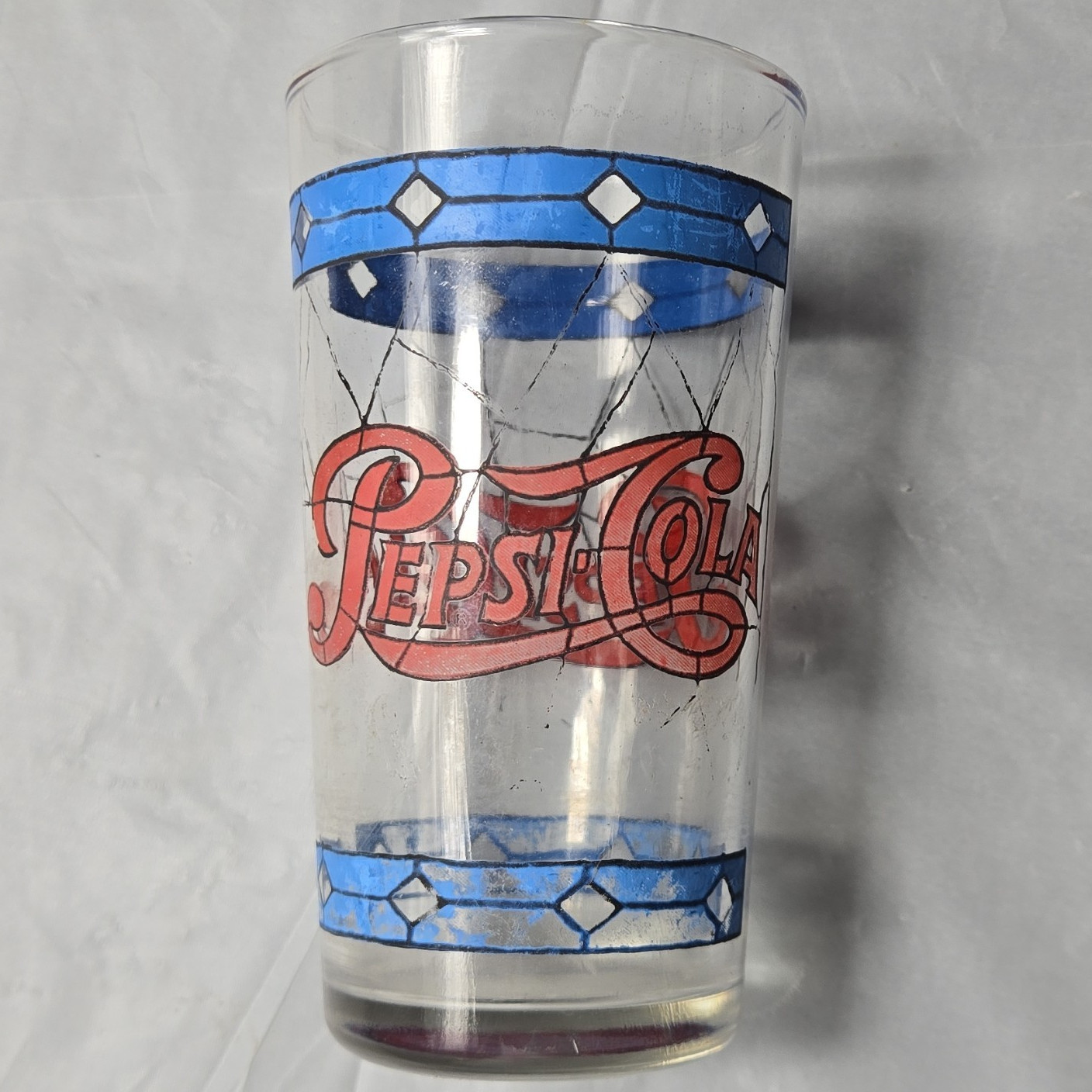 Vintage Pepsi Clear Drinking Glass/Tumbler Blue Band Red Logo Soda Theme