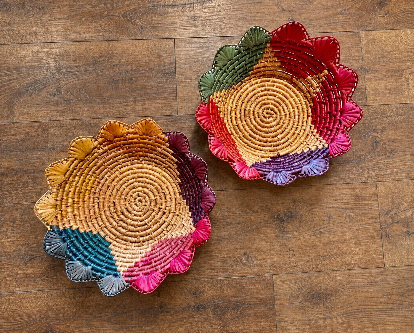Vtg Mexican Coiled Palm Leaf Basket Pair 11.5\