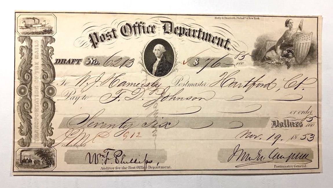 Vintage 1853 TRANSPORTATION OF THE MAILS POST OFFICE DRAFT Hartford Connecticut