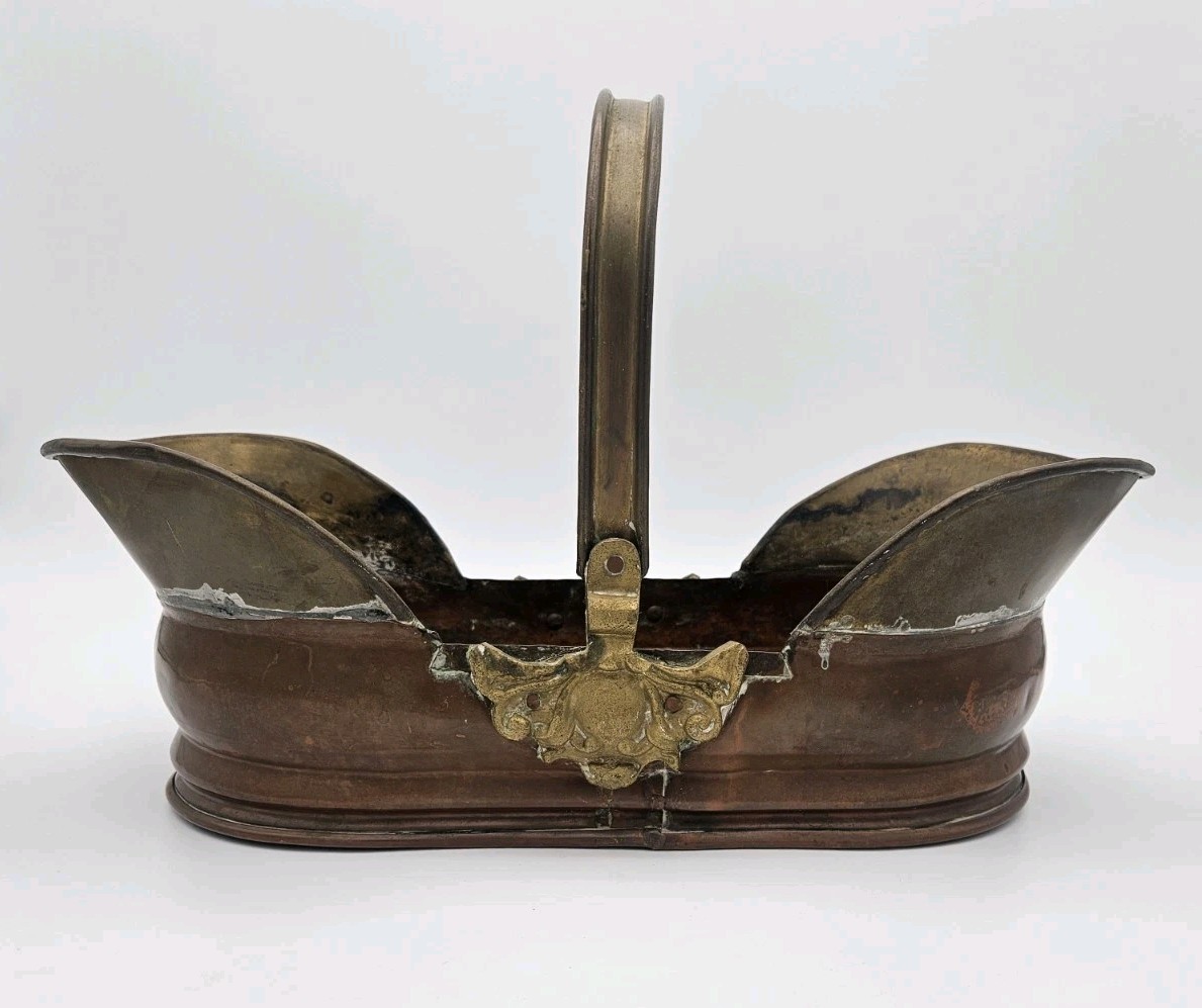 Vintage Dutch Copper & Brass Basket Planter Fireside Rustic Patina Home Decor