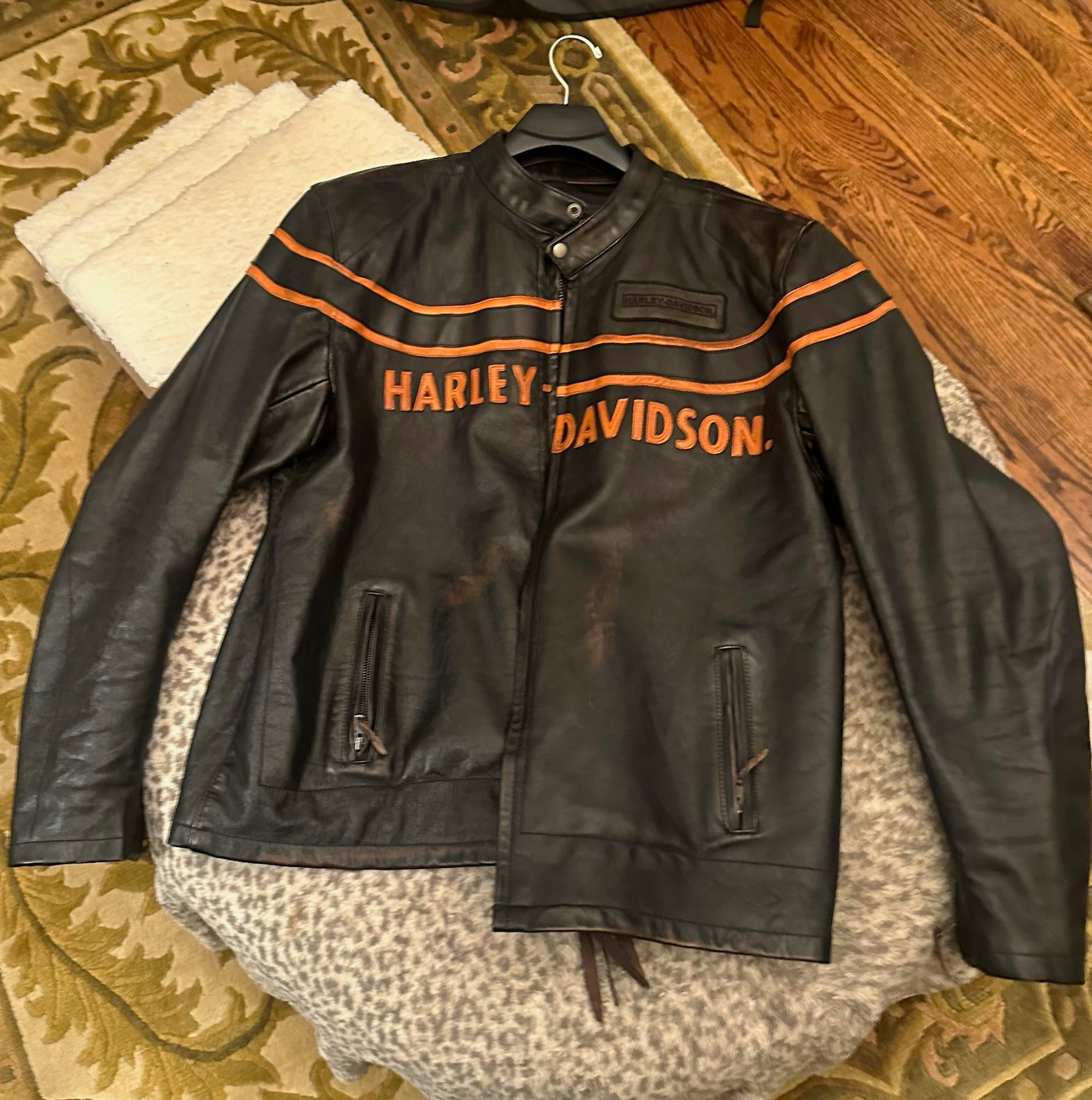 Harley-Davidson Black Leather Jacket w/ Orange Stripe Harley-Davidson Logo - XXL