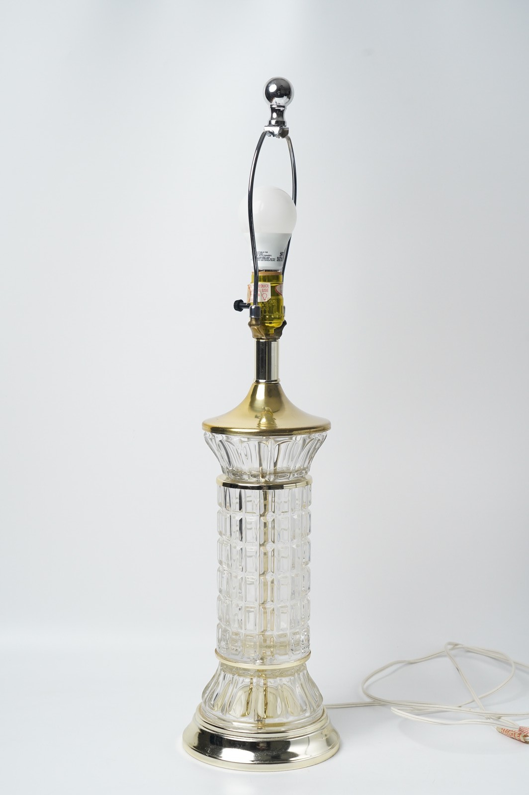 Vintage Clear Pressed Glass Table Lamp Brass Tone Column Block Pattern 26.5\