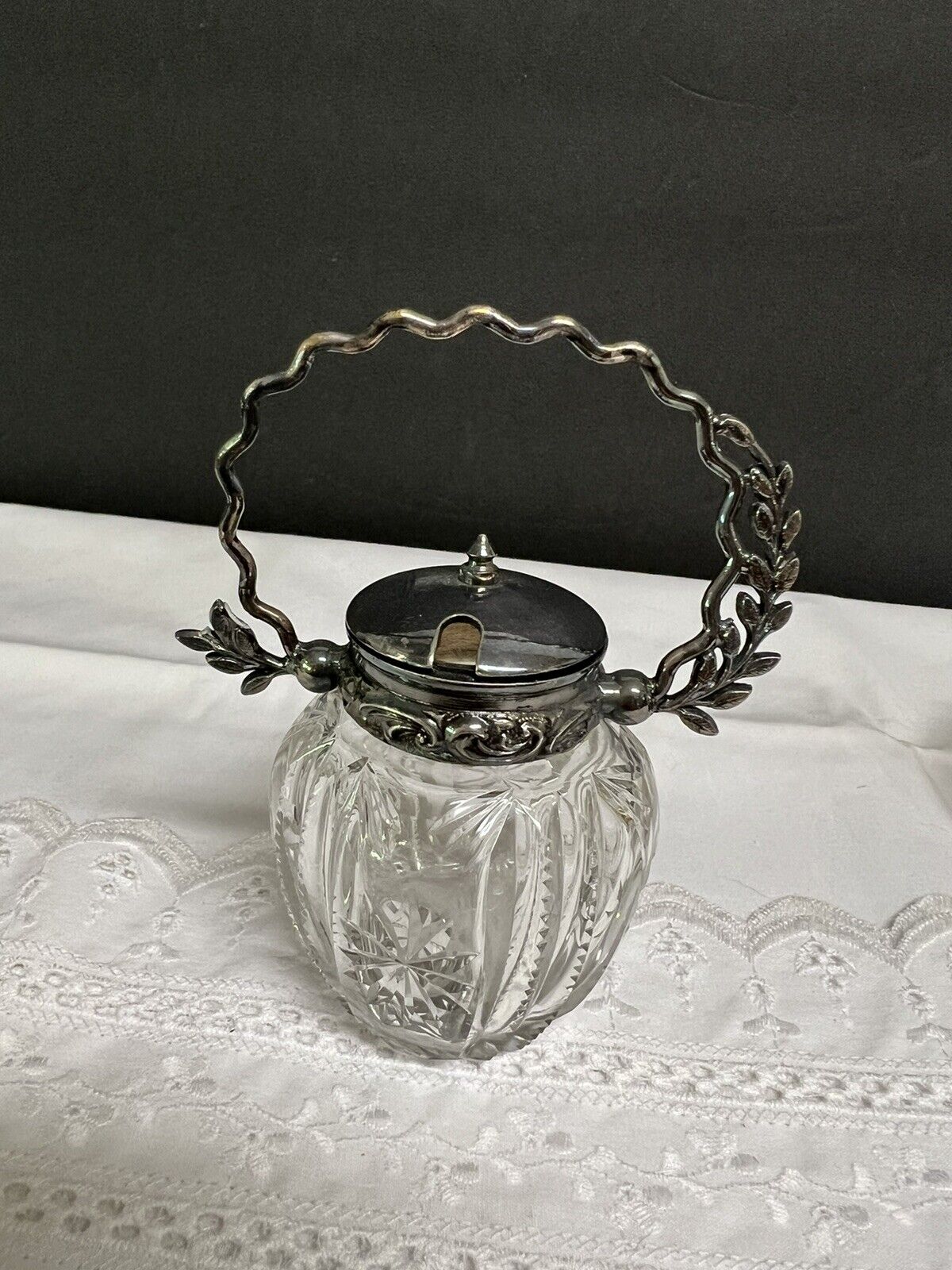 Antique/vintage  Sugar /jam Jar, Decorative Glass And Silver Plated Handle