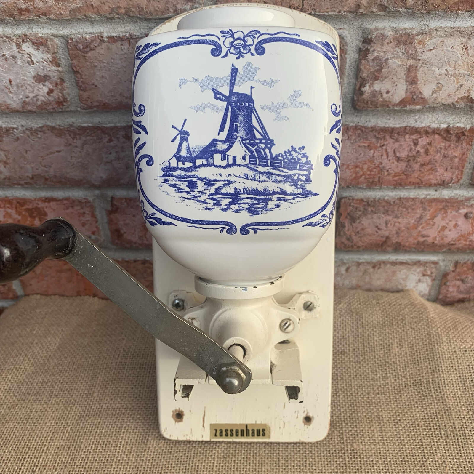 Vintage Zassenhaus Coffee Grinder Delft Blue Windmill Wall Mount Germany