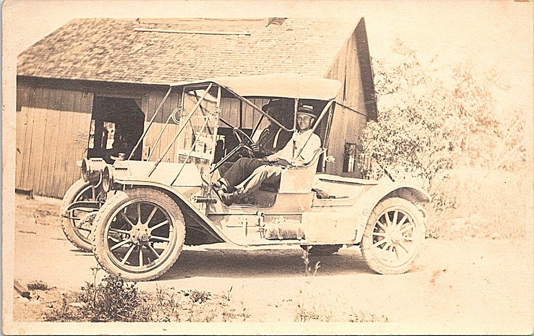 RPPC Rural Homestead Scene Men Posing in early Automobile - early 1900s