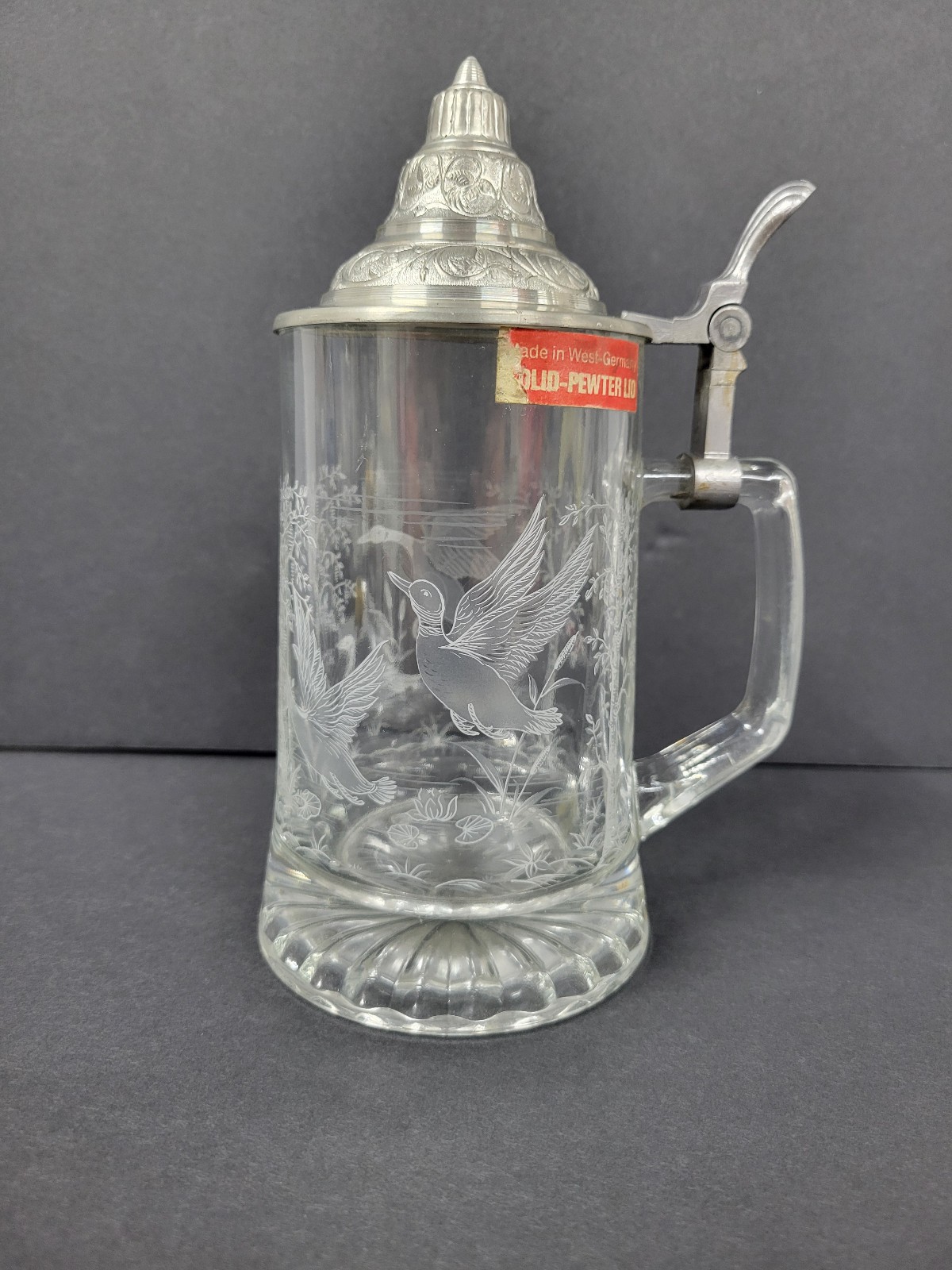 Vintage ALWE Beer Stein Etched Crystal w/ Embossed Pewter Lid West Germany