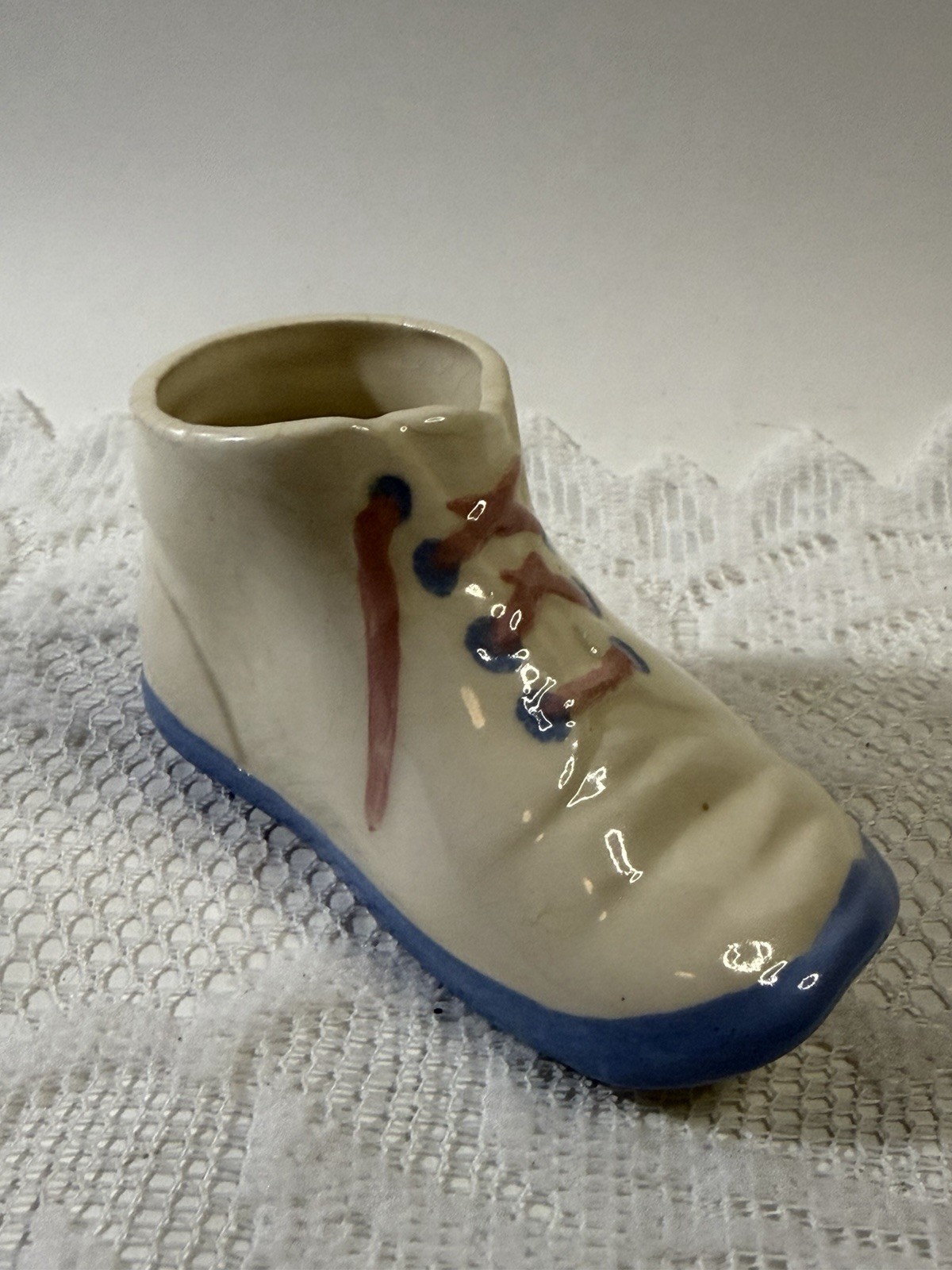 Vintage Block Pottery California Ceramic Baby Shoe Planter Blue Pink 4.5”