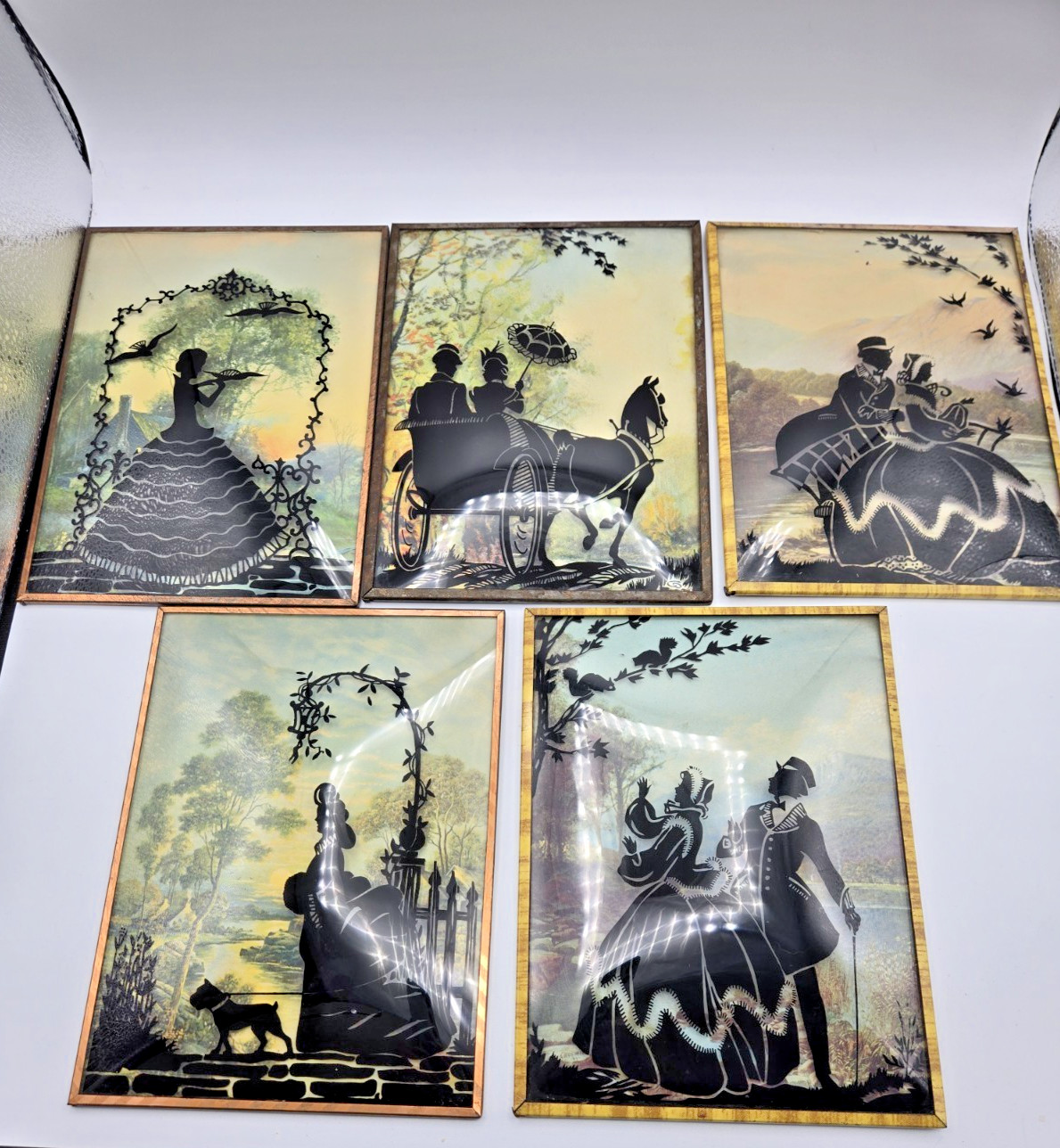 Vintage Reverse Painted Silhouette Victorian Family Convex Bubble Glass Set 5
