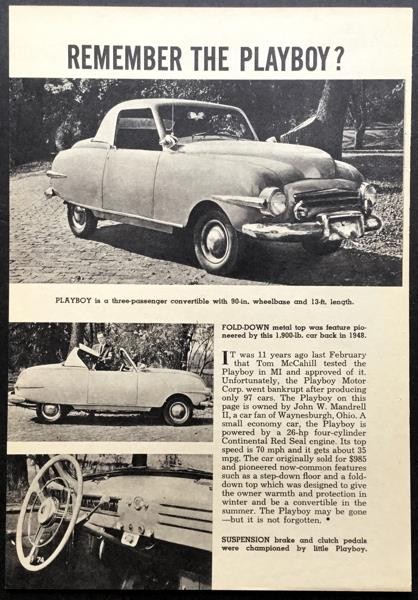 “Remember the Playboy?” 1959 pictorial Playboy Motor Corp.