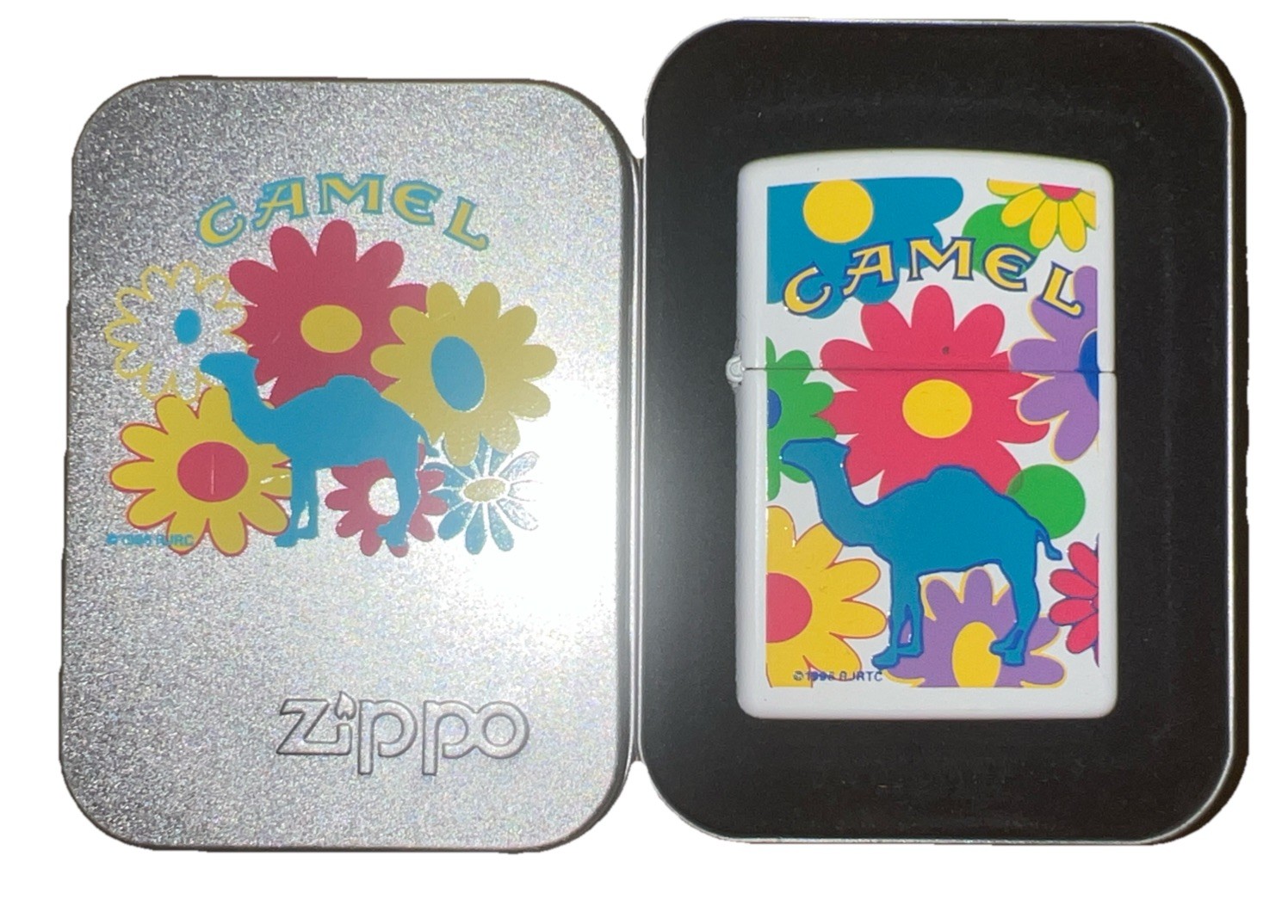 VTG 1996 Zippo Joe Camel Cigarettes Retro Flower Power Lighter & Tin Matte White