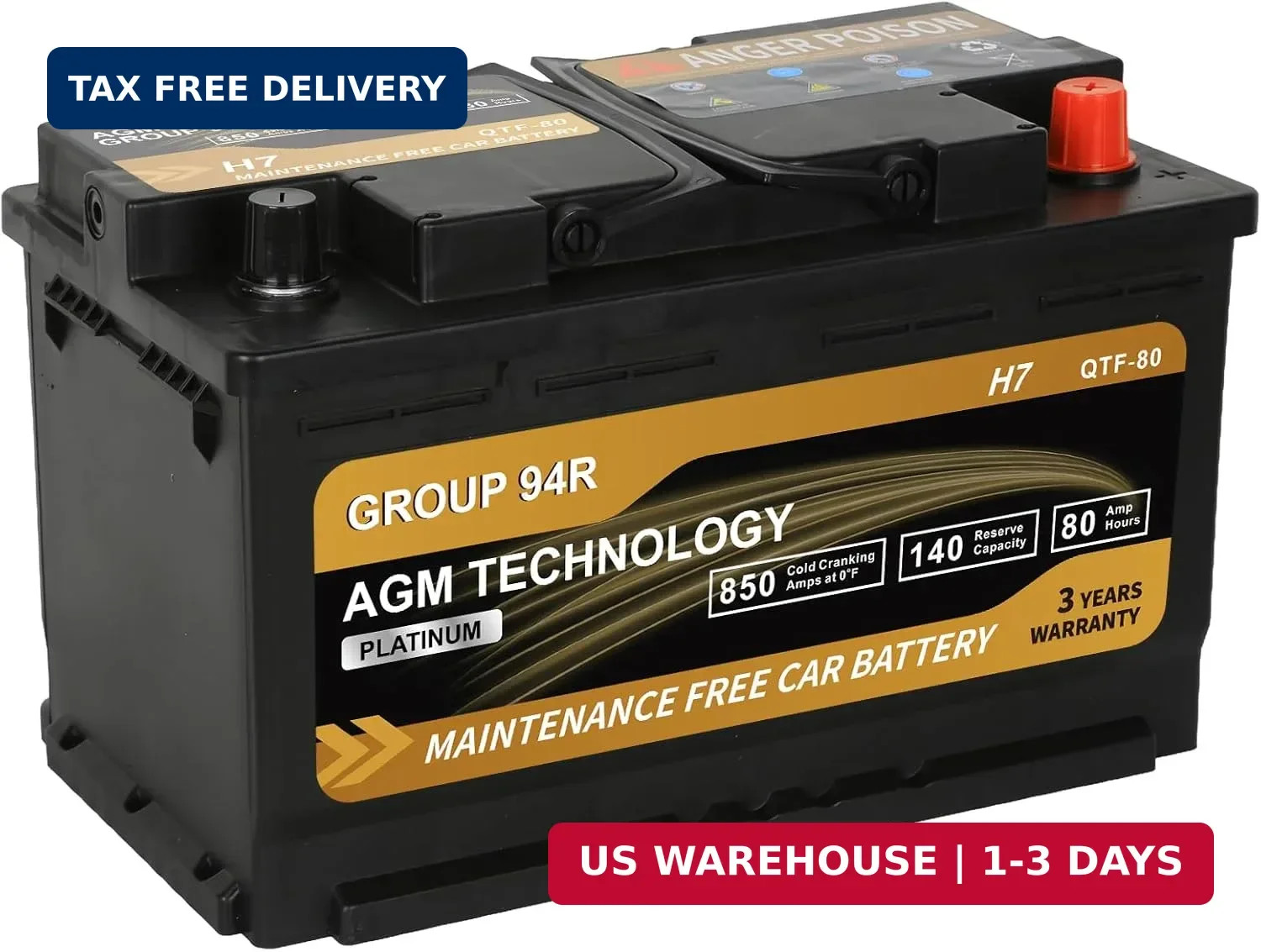 Platinum AGM Car Battery Group Size 94R H7, 12V 80Ah, 850 CCA, 140 RC, Rechargea Platinum AGM Car Battery Group Size 94R H7, 12V 80Ah, 850 CCA, 140 RC, Rechargea