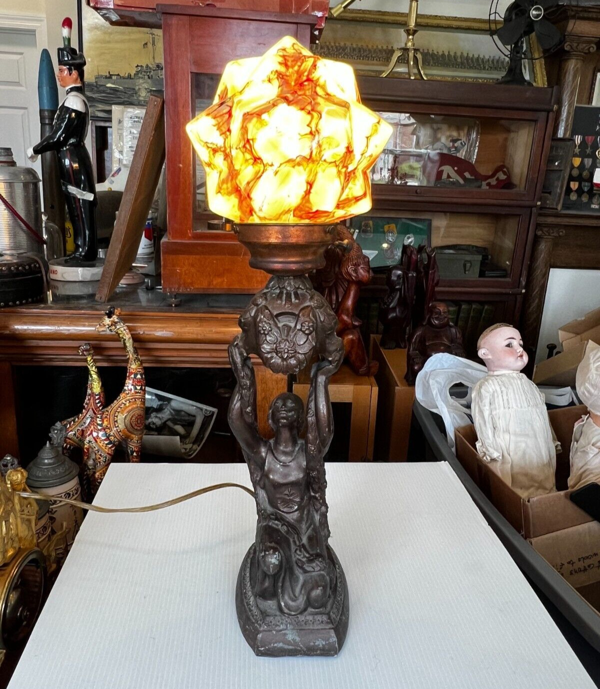 Vintage Joan of Ark Lamp with a Very Unique Green Glass Star Shade