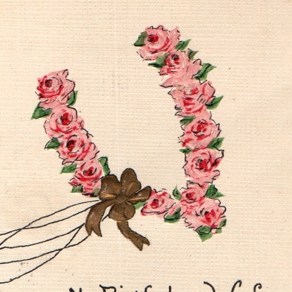 c1910s Birthday Wish Postcard Rose Wreath Horseshoe Four Leaf Clover St Patrick c1910s Birthday Wish Postcard Rose Wreath Horseshoe Four Leaf Clover St Patrick