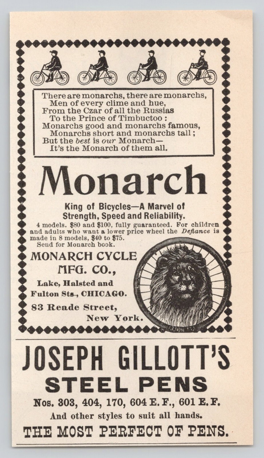 Monarch Bicycle Cycle Chicago Steel Pens Joseph Gillott 1895 Print Ad