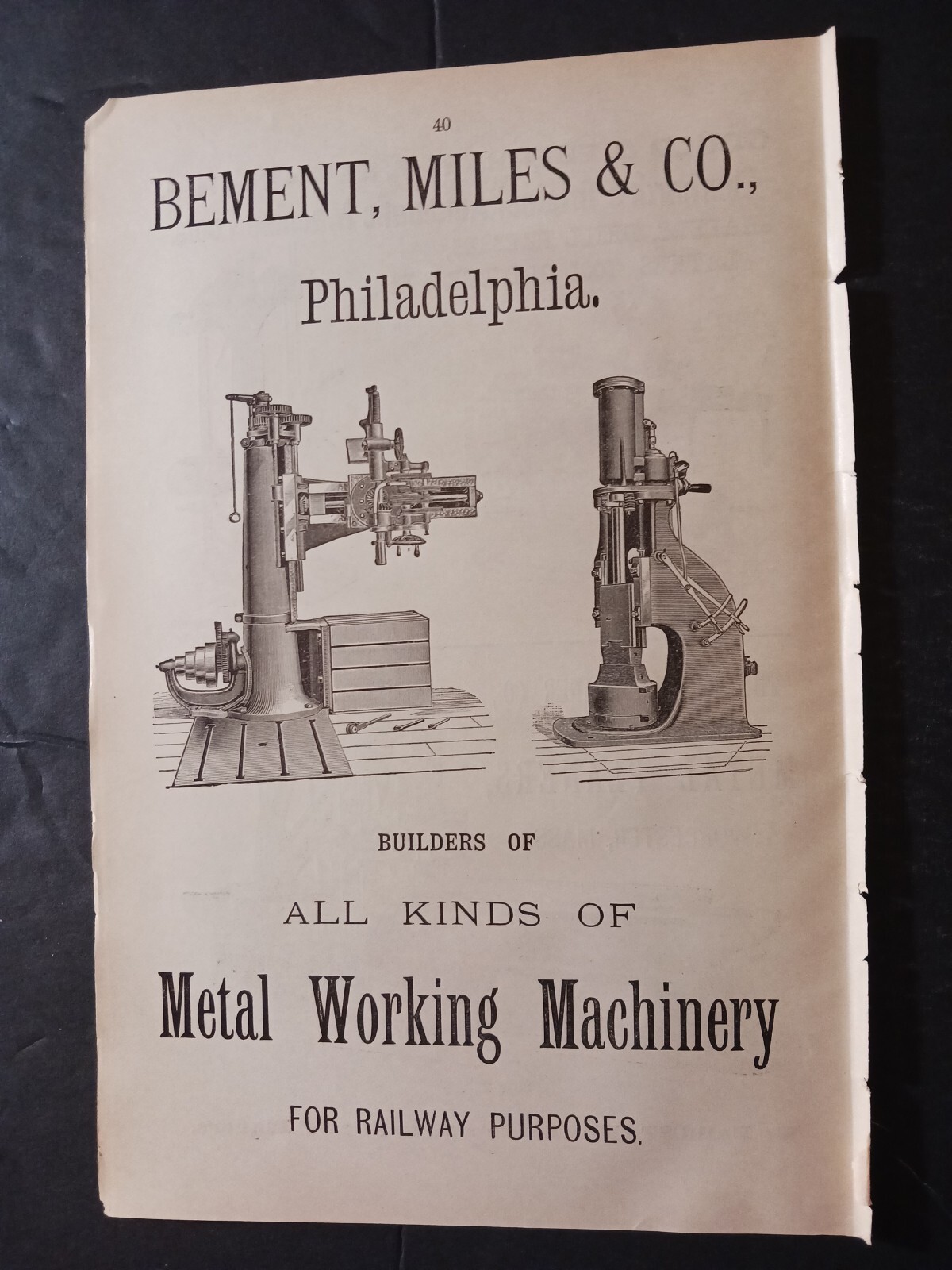 1891 print ad BEMENT MILES & COMPANY Railway Metal Working Machinery Philadelphi