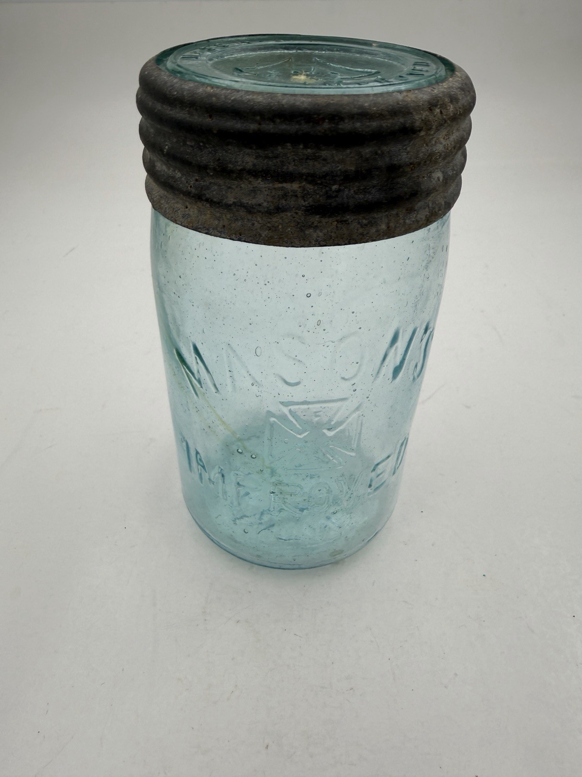 Antique Mason\'s Improved Cross Jar w/ Matching Glass Lid Ground Lip Pint RARE