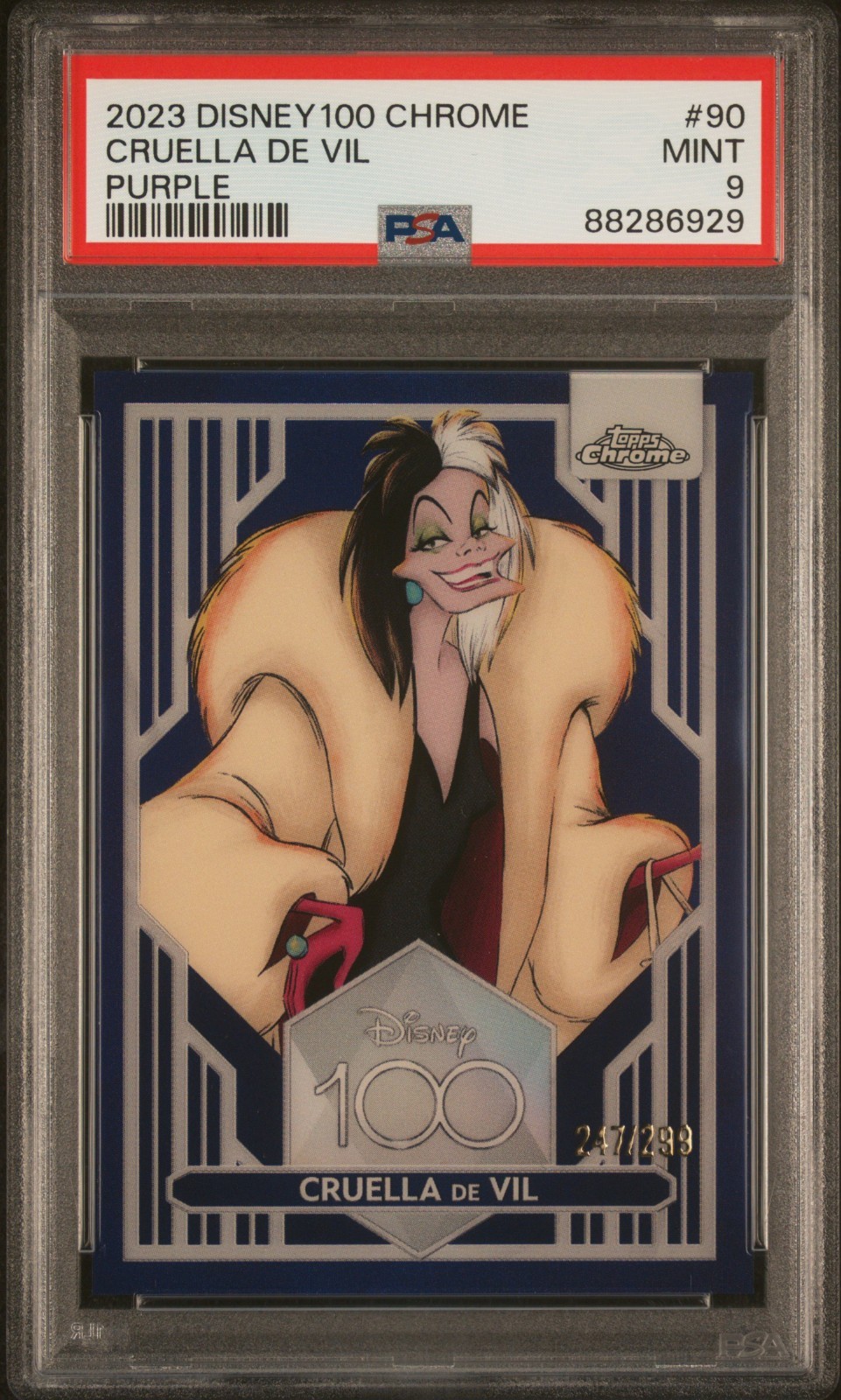 2023 Topps Chrome Disney 100 Cruella De Vil #90 Purple Refractor /299 PSA 9