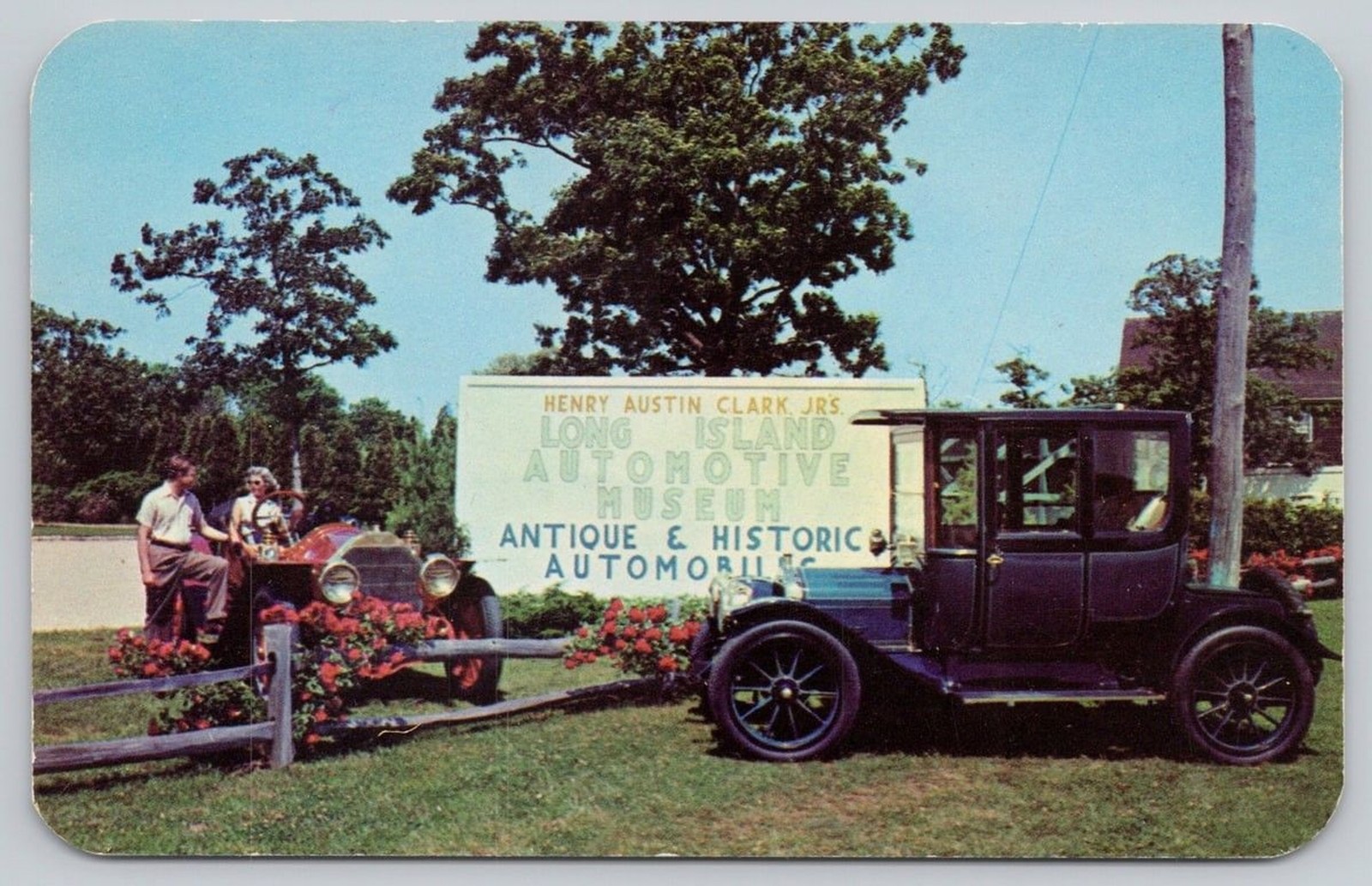Postcard Southampton New York NY Auto Museum Vintage Cars Trees 1950s Chrome