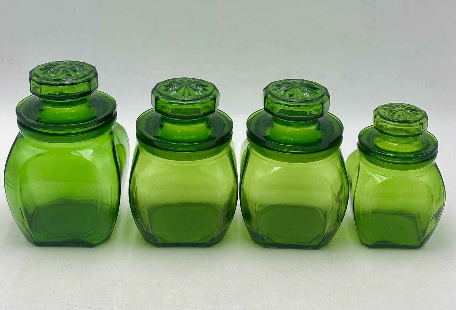 Vintage Emerald Green Apothecary Glass Canister Jars Set Of 4
