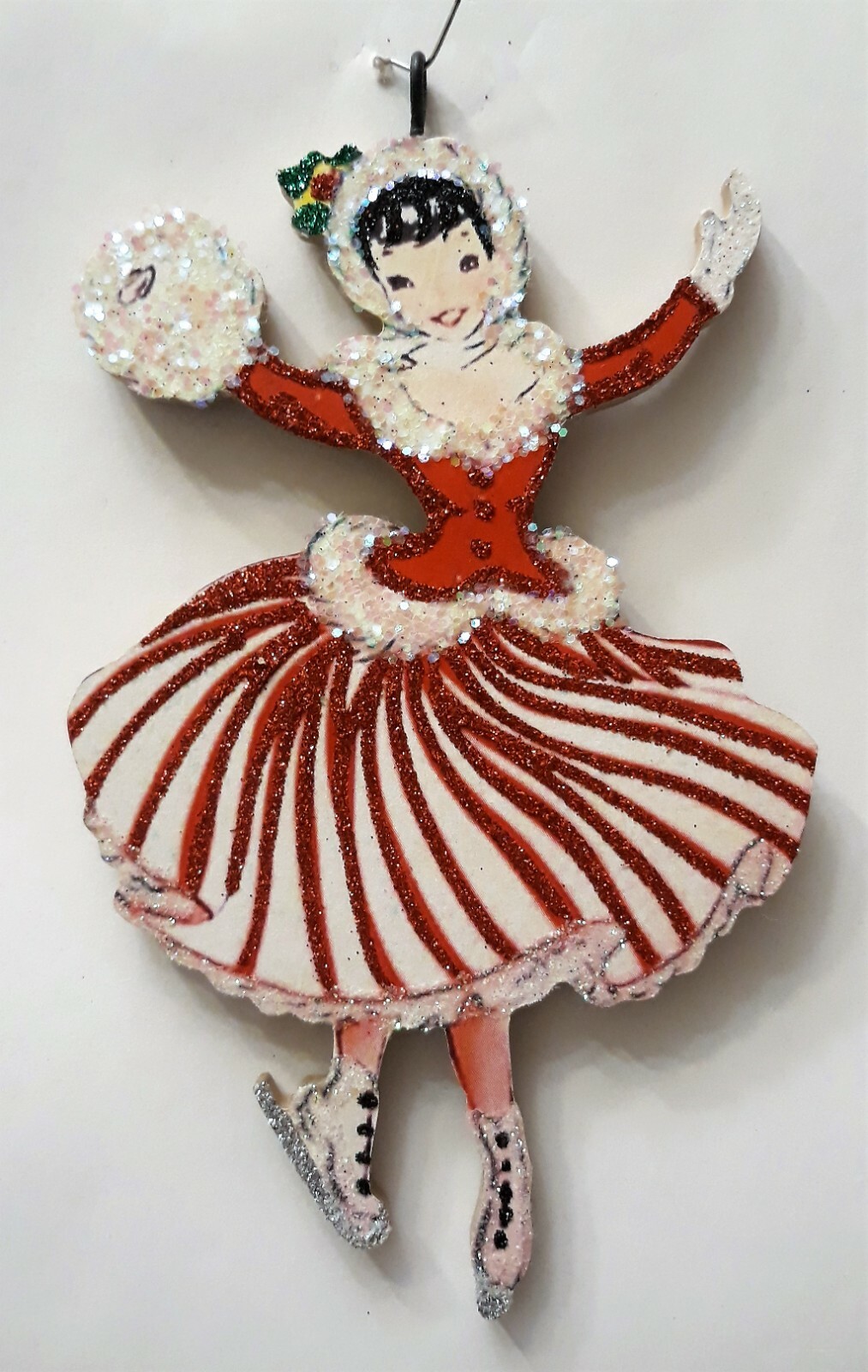 50\'S WOMAN, PRETTY ICE SKATER, STRIPES  *  Glitter CHRISTMAS ORNAMENT * Vtg Img
