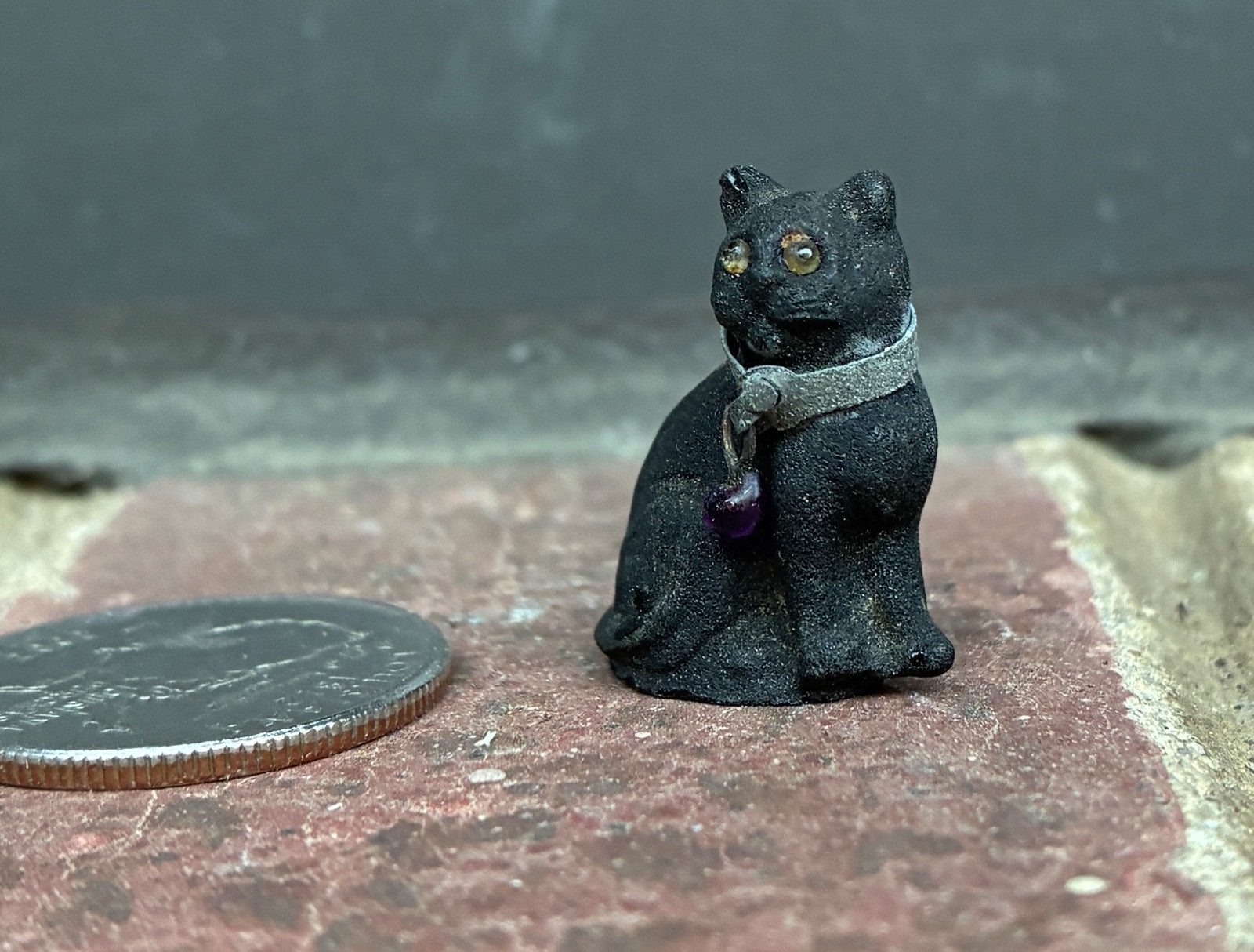 Antique Czech miniature Black Glass Cat Amber Eyes Collar amethyst Bead  1920s