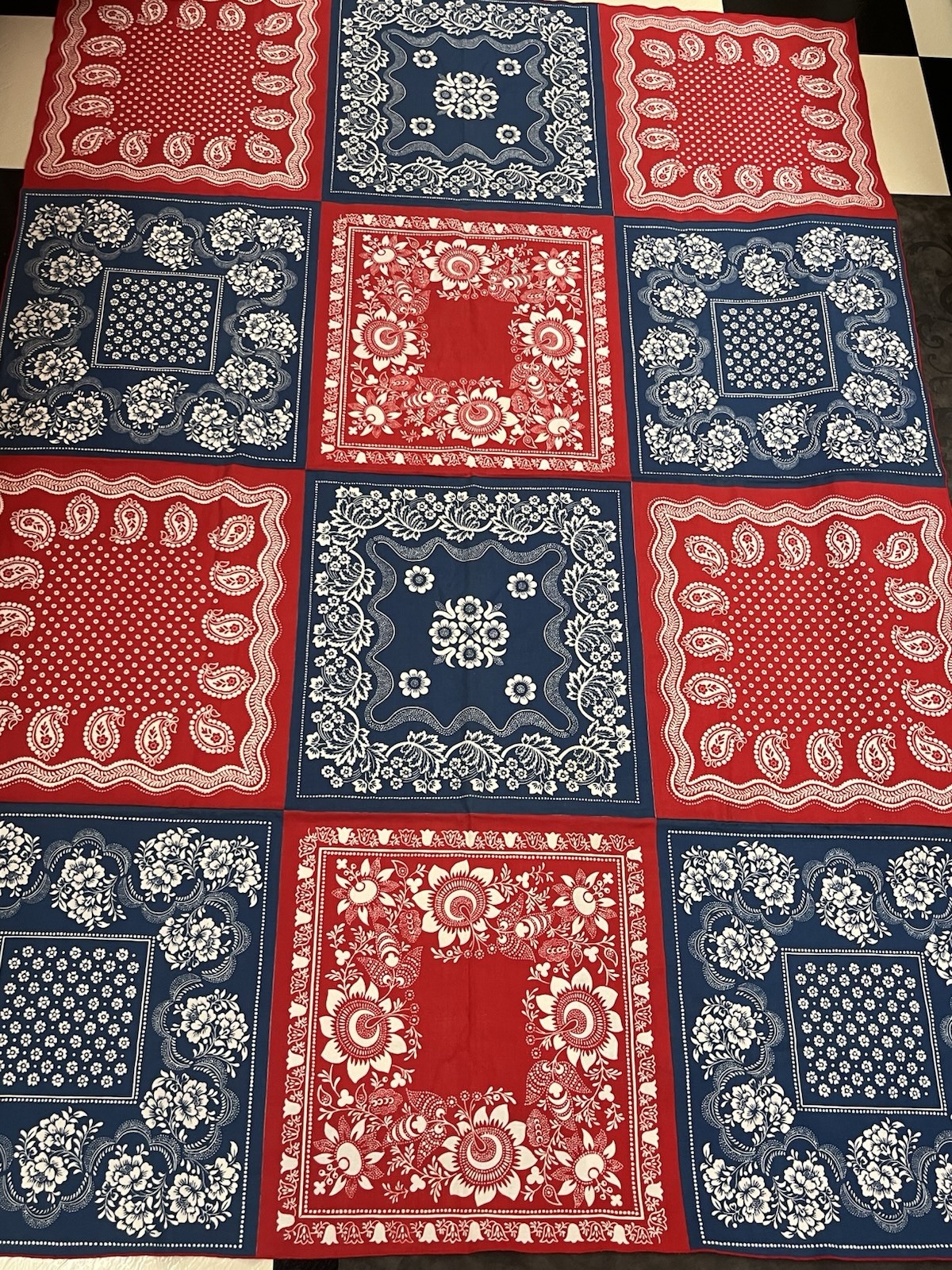 46”x 66” Handmade Vintage Cotton Bandana Tablecloth In Red And Blue