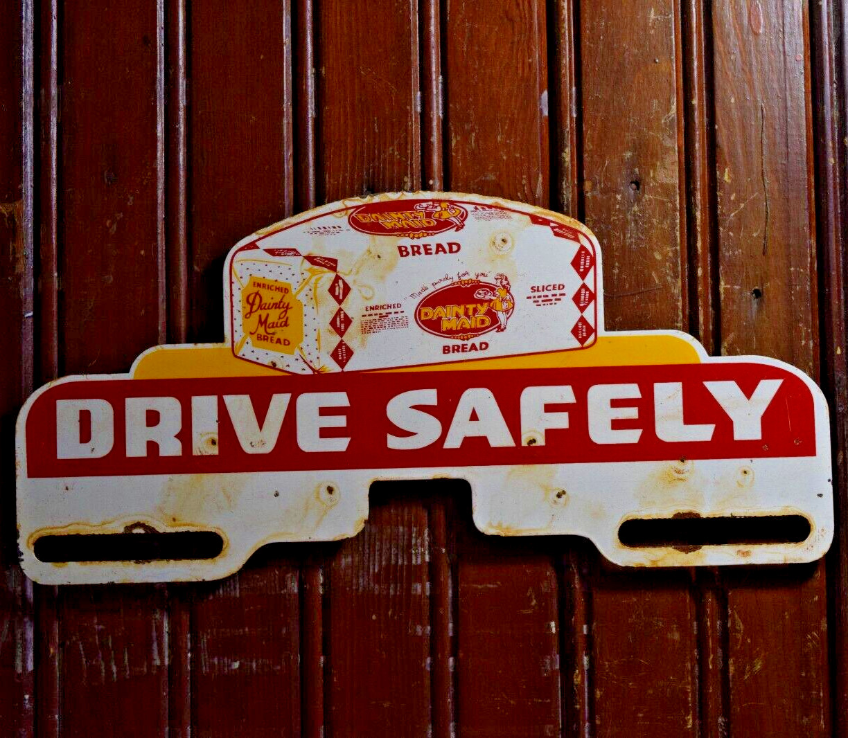 DAINTY MAID SIGN BREAD PLATE TOPPER DRIVE SAFELY PAINTED METAL CAR VINTAGE 1950s