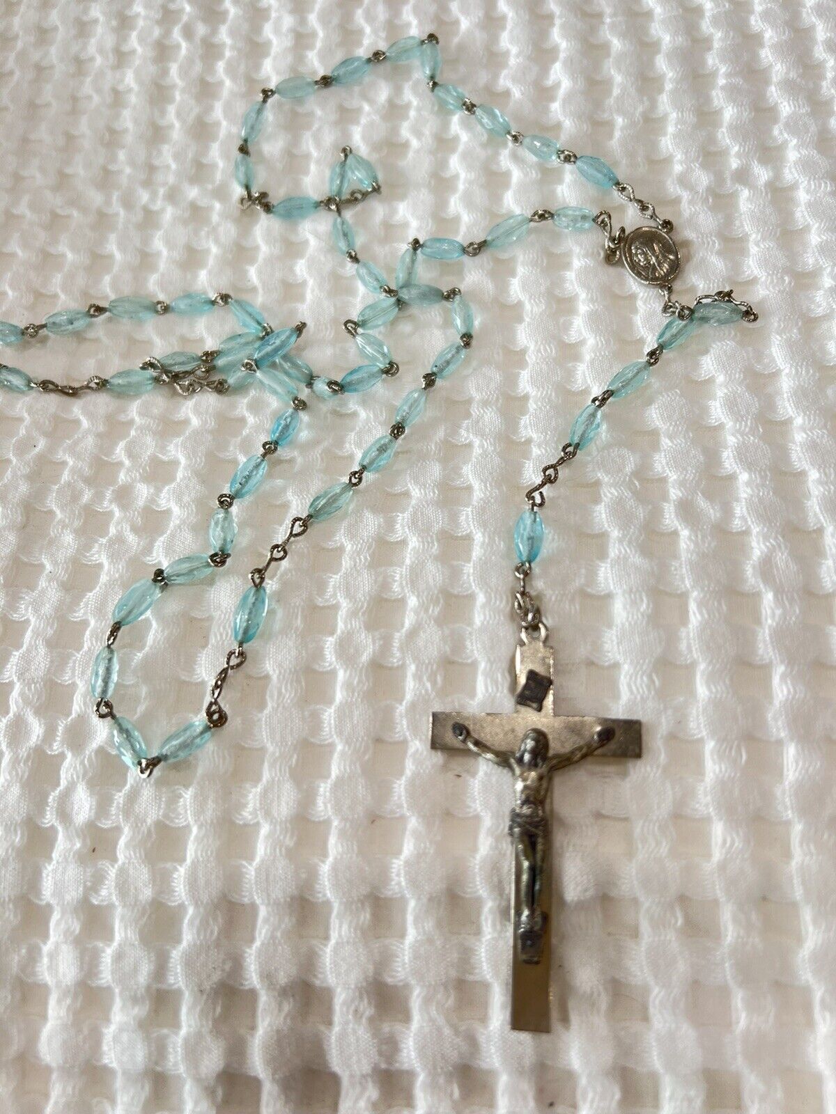 Vintage Italy Blue Glass Bead Crucifix Pendant
