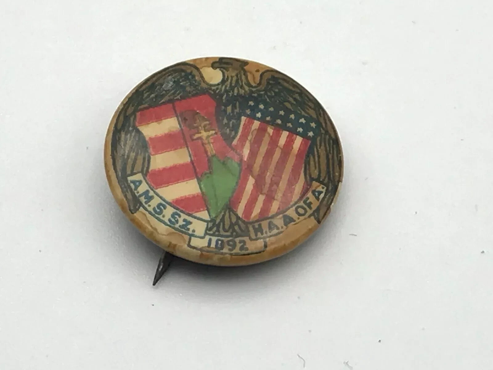 AMSSz HAA of A Pinback Patriotic Eagle Shield Stars + Stripes 1892 Antique Vtg