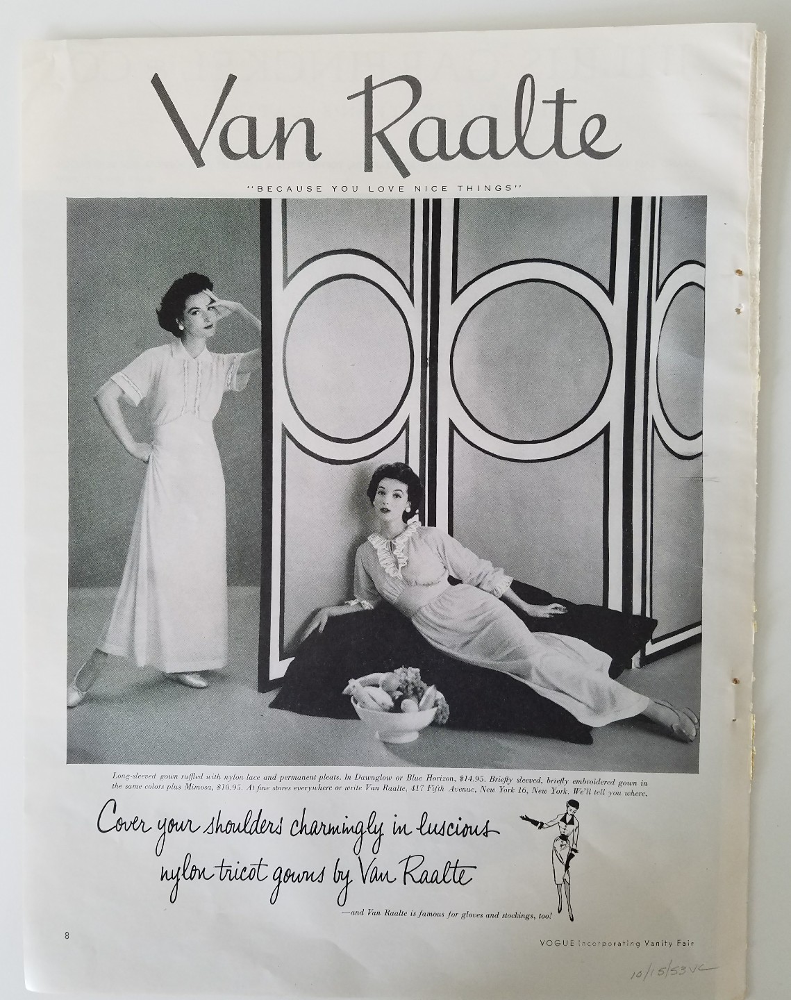 1953 womens Van Raalte women\'s gown lingerie vintage clothing fashion ad