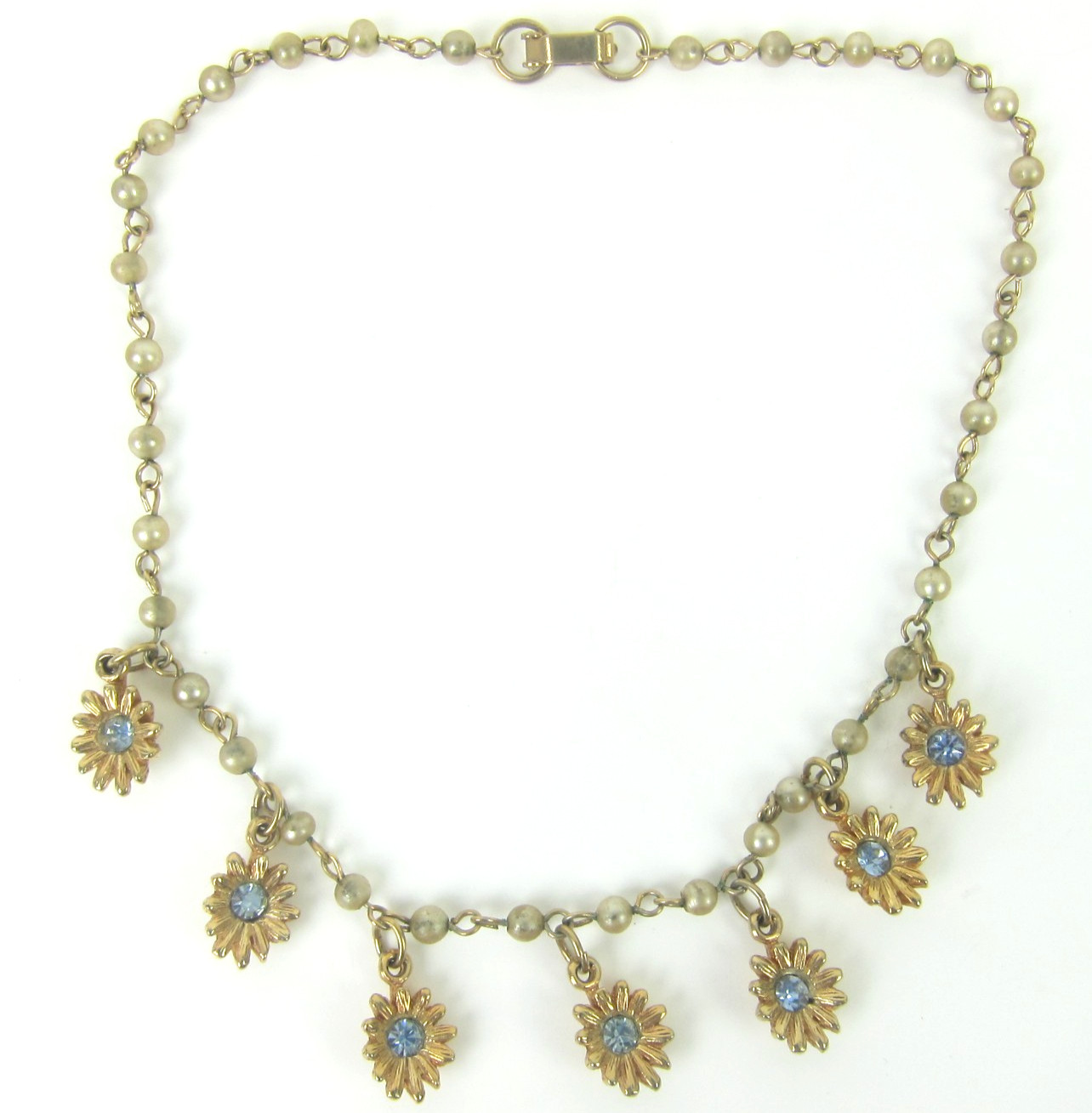 Vintage Choker Necklace Daisy Flower Gold Tone Blue Rhinestones Faux Pearl 12.5\