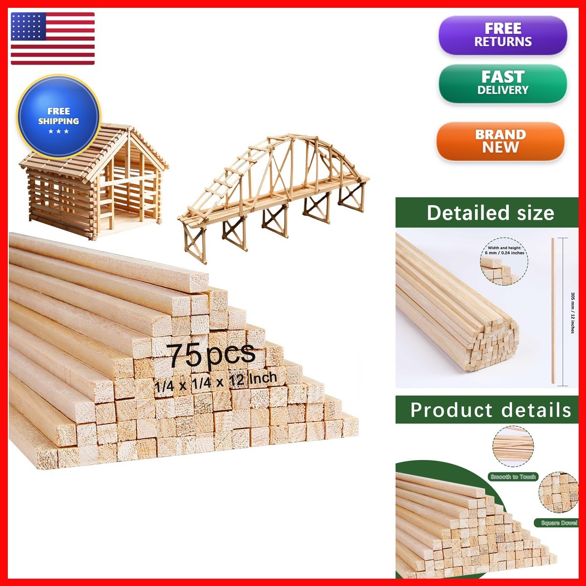 75 Pcs Balsa Wood Sticks 1/4 x 1/4 x 12 Inch Square Dowels Strips