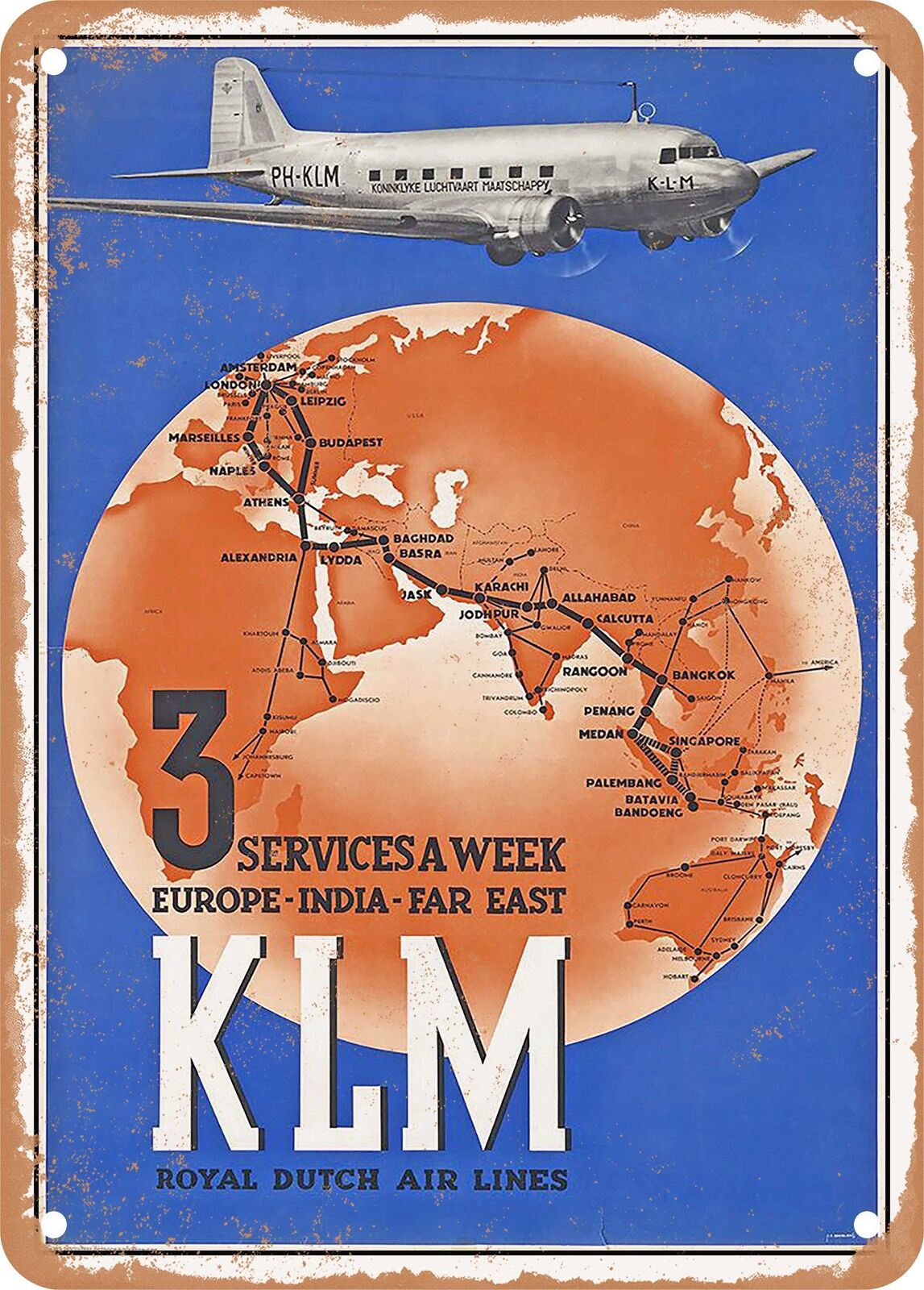 METAL SIGN - 1938 3 Services a Week Europe India Far East Dutch Airlines