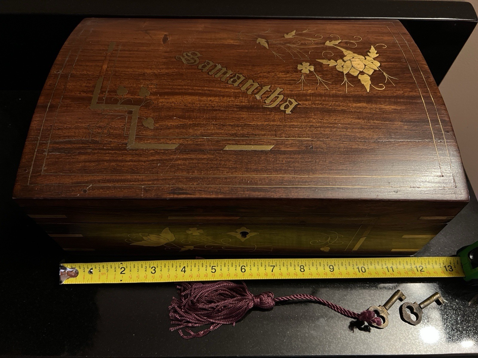 Rosewood Inlaid Brass Velvet Lined Jewelry Box w/ 2 Keys