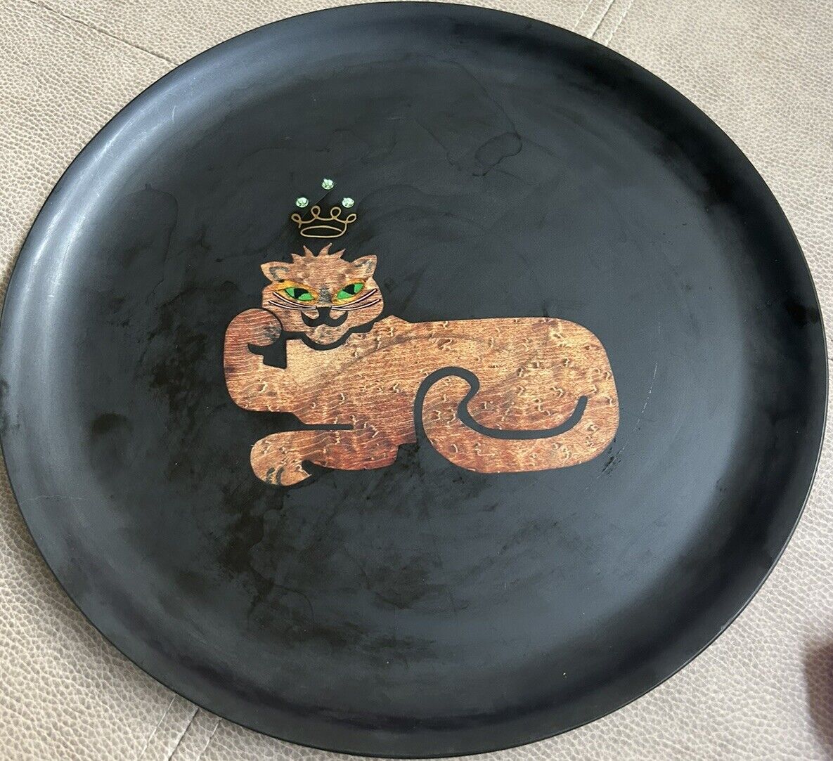 Cat Serving Tray Couroc Of Monterey Vintage MCM Inlaid Black And Wood Lion Plate