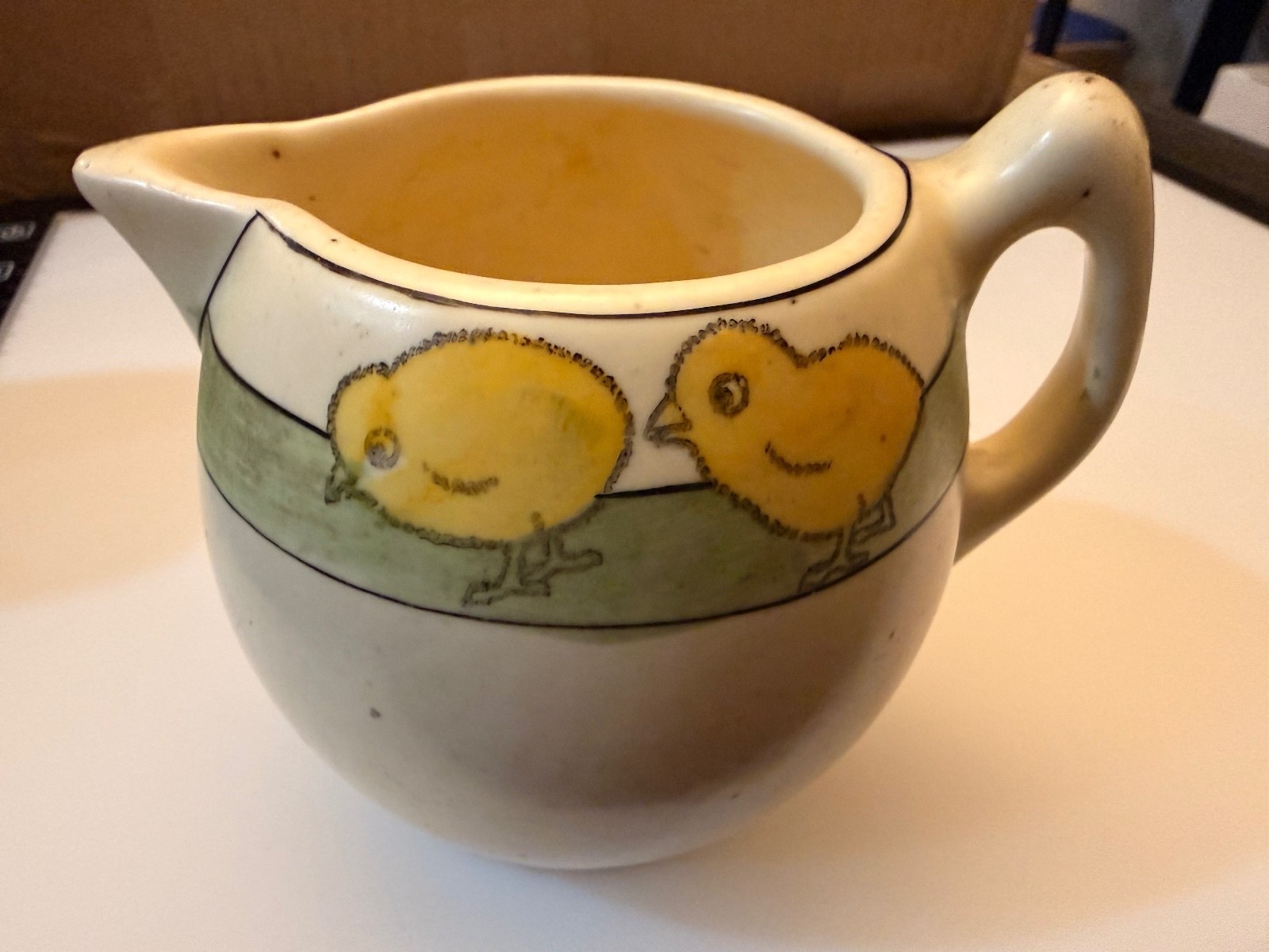 Antique c1920 Roseville Juvenile Ware Baby Chicks Creamer Pitcher Green Band