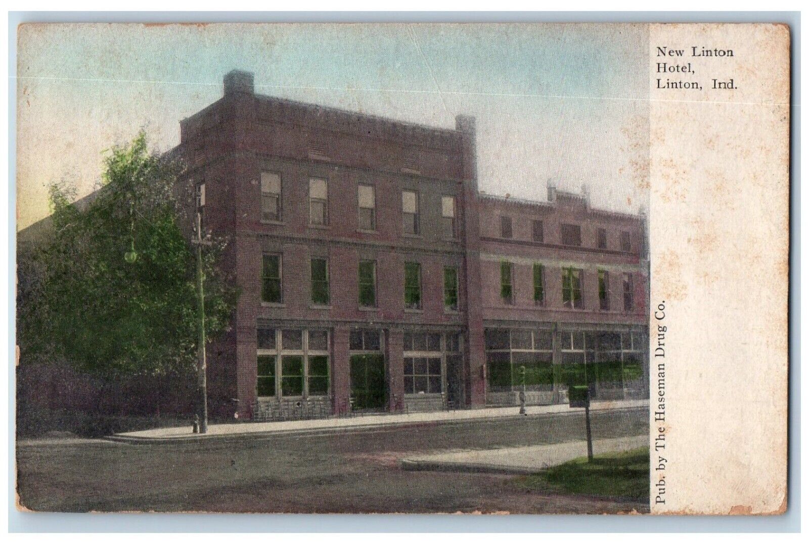 Linton Indiana IN Postcard New Linton Hotel Building Street Trees Exterior View