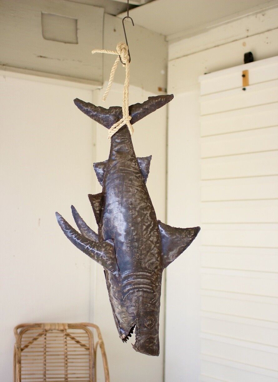 Shark With Rope Hanger Recycled Metal 3D Rustic Coastal Beach Ocean Large 45 In