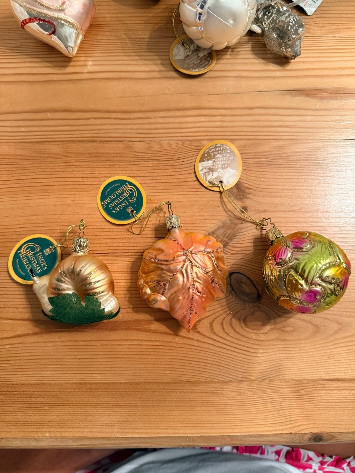 Inge\'s Christmas Heirlooms Glass Ornaments Set of 3 - Leaf, Snail, and Floral Ba